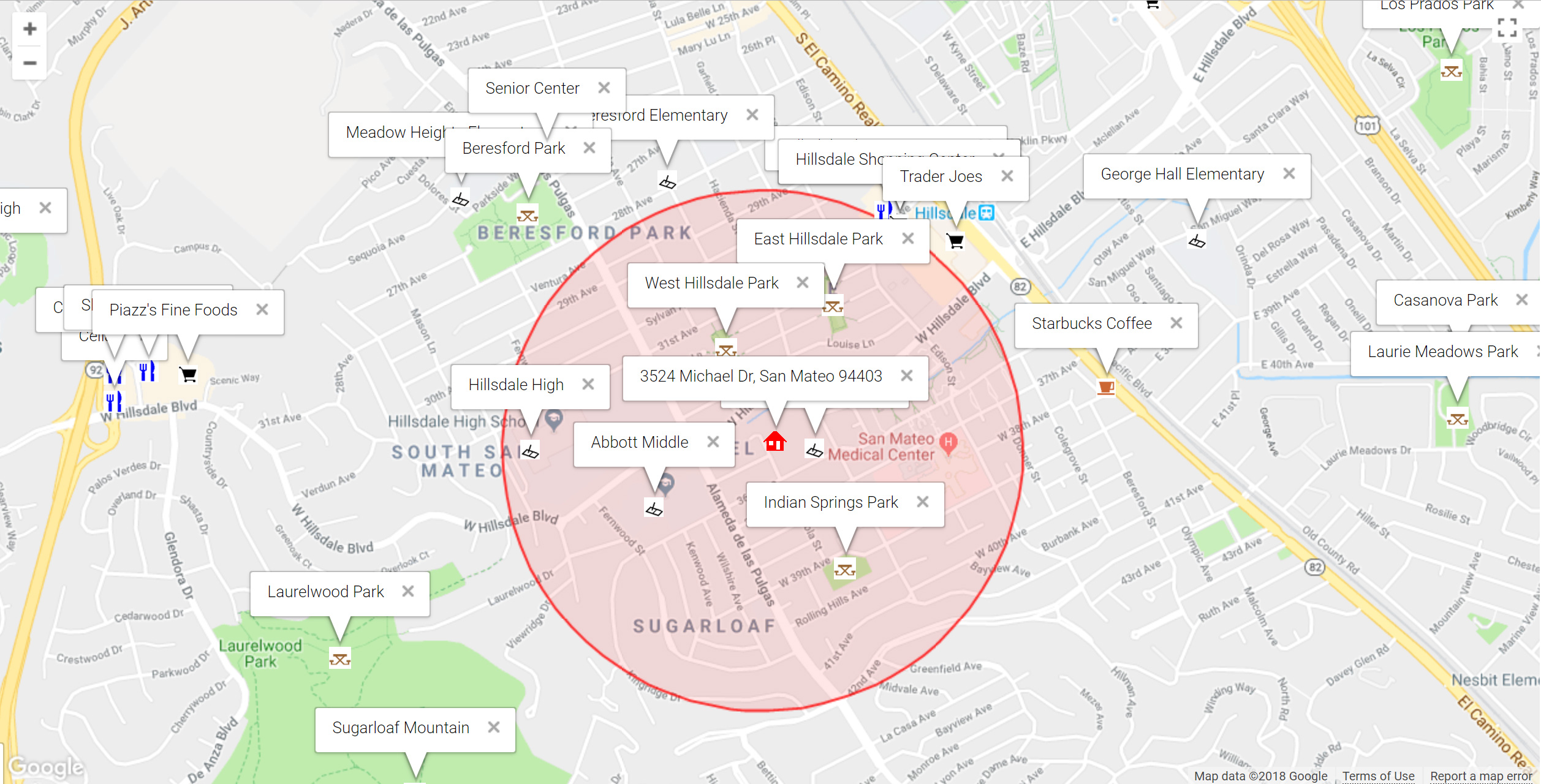 Map of attractions near 3524 Michael Dr, San Mateo 94403