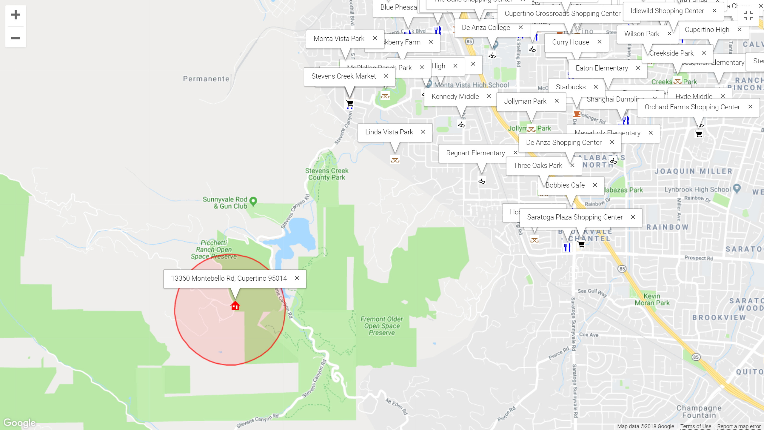 Map of attractions near 13360 Montebello Rd, Cupertino 95014