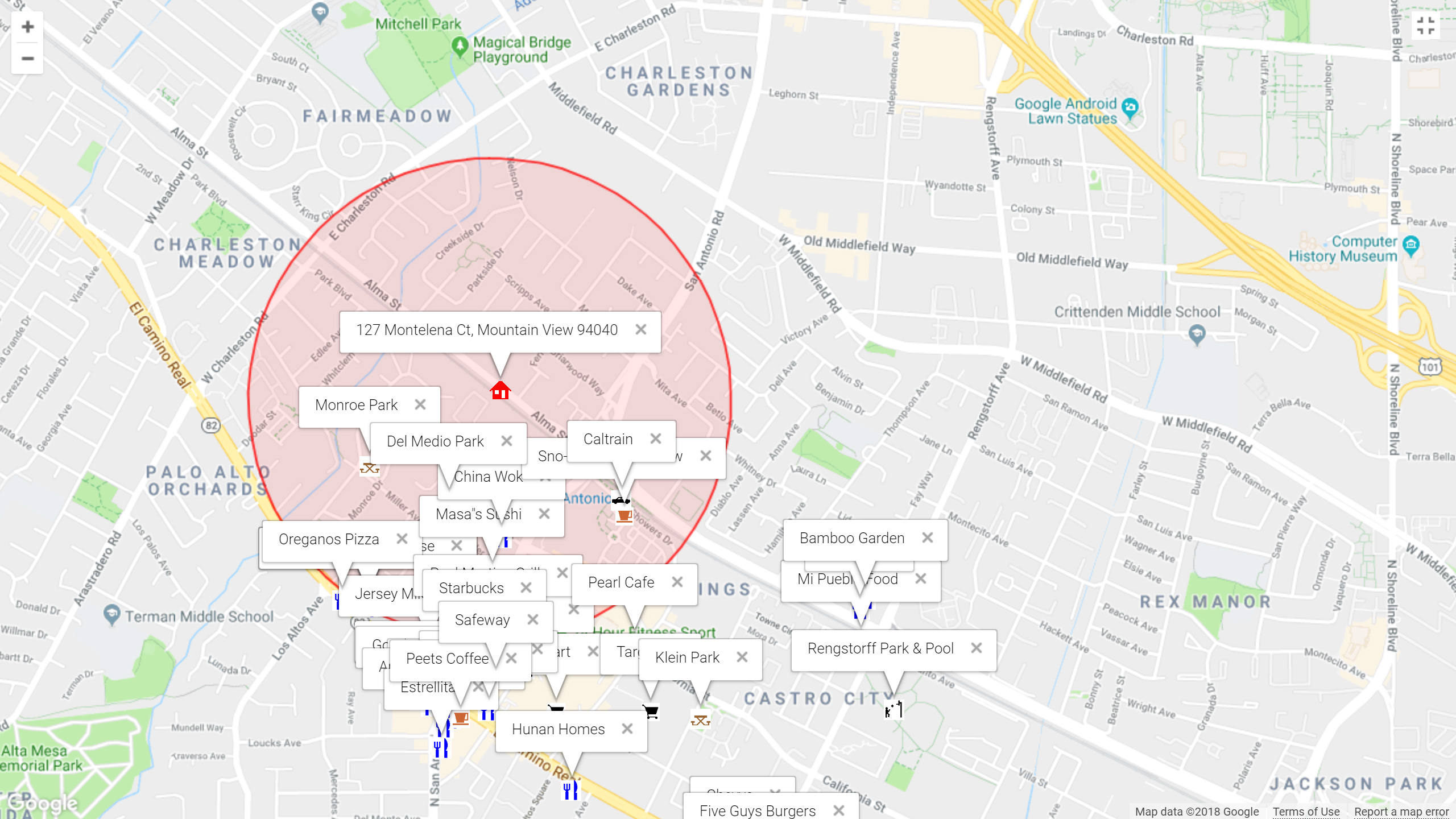 Map of attractions near 127 Montelena Ct, Mountain View 94040