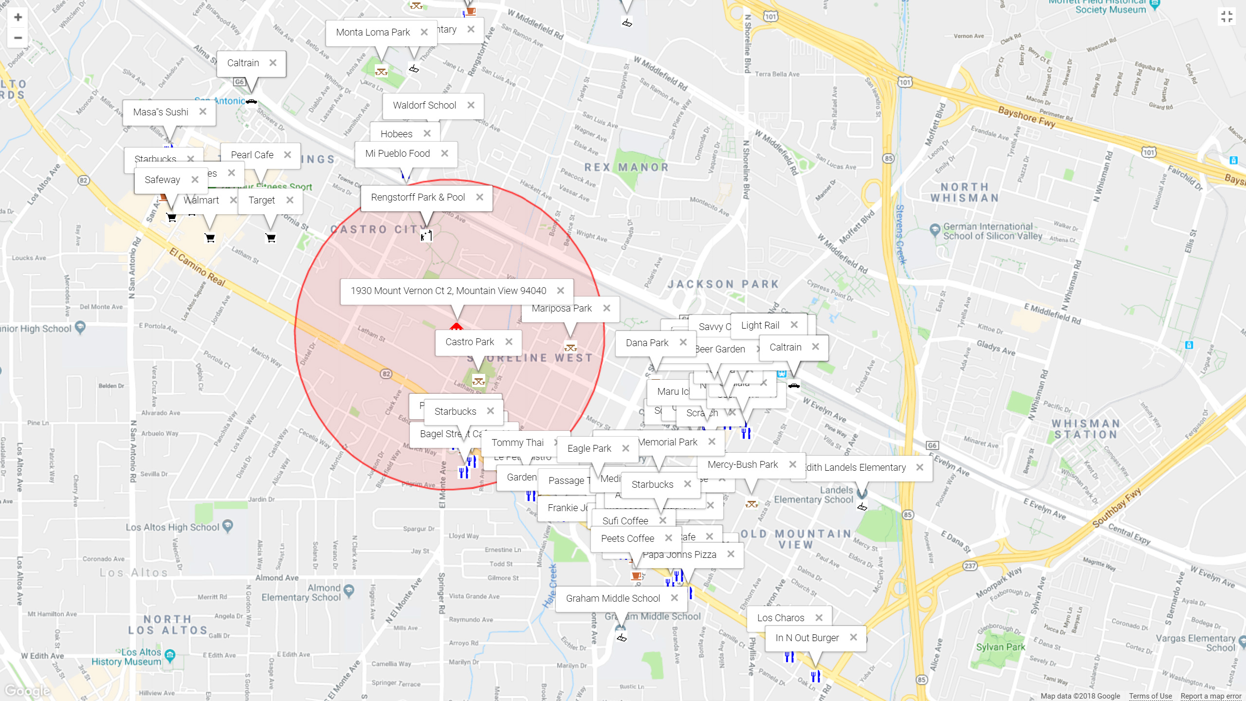 Map of attractions near 1930 Mount Vernon Ct 2, Mountain View 94040