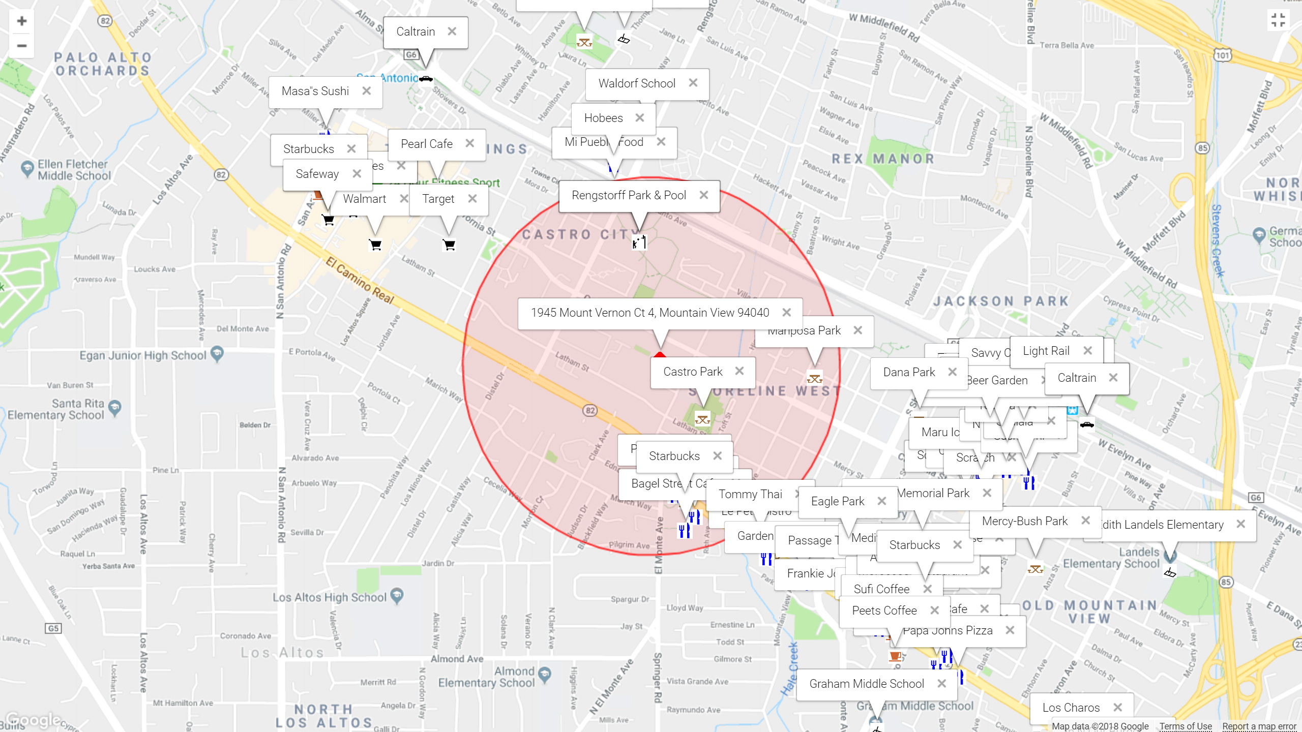 Map of attractions near 1945 Mount Vernon Ct 4, Mountain View 94040