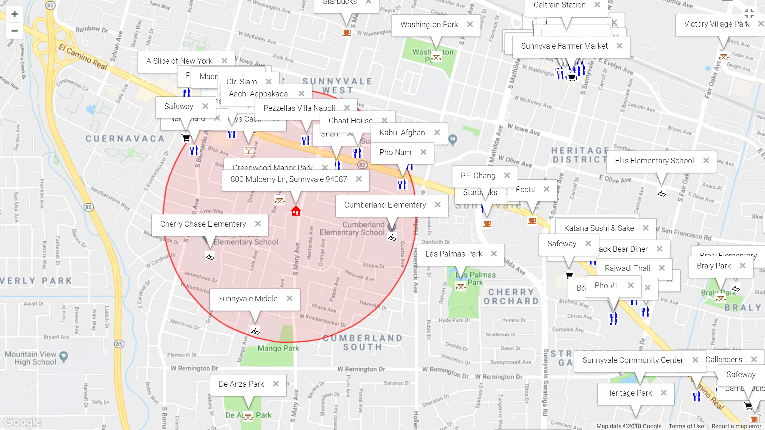 Map of attractions near 800 Mulberry Ln, Sunnyvale 94087