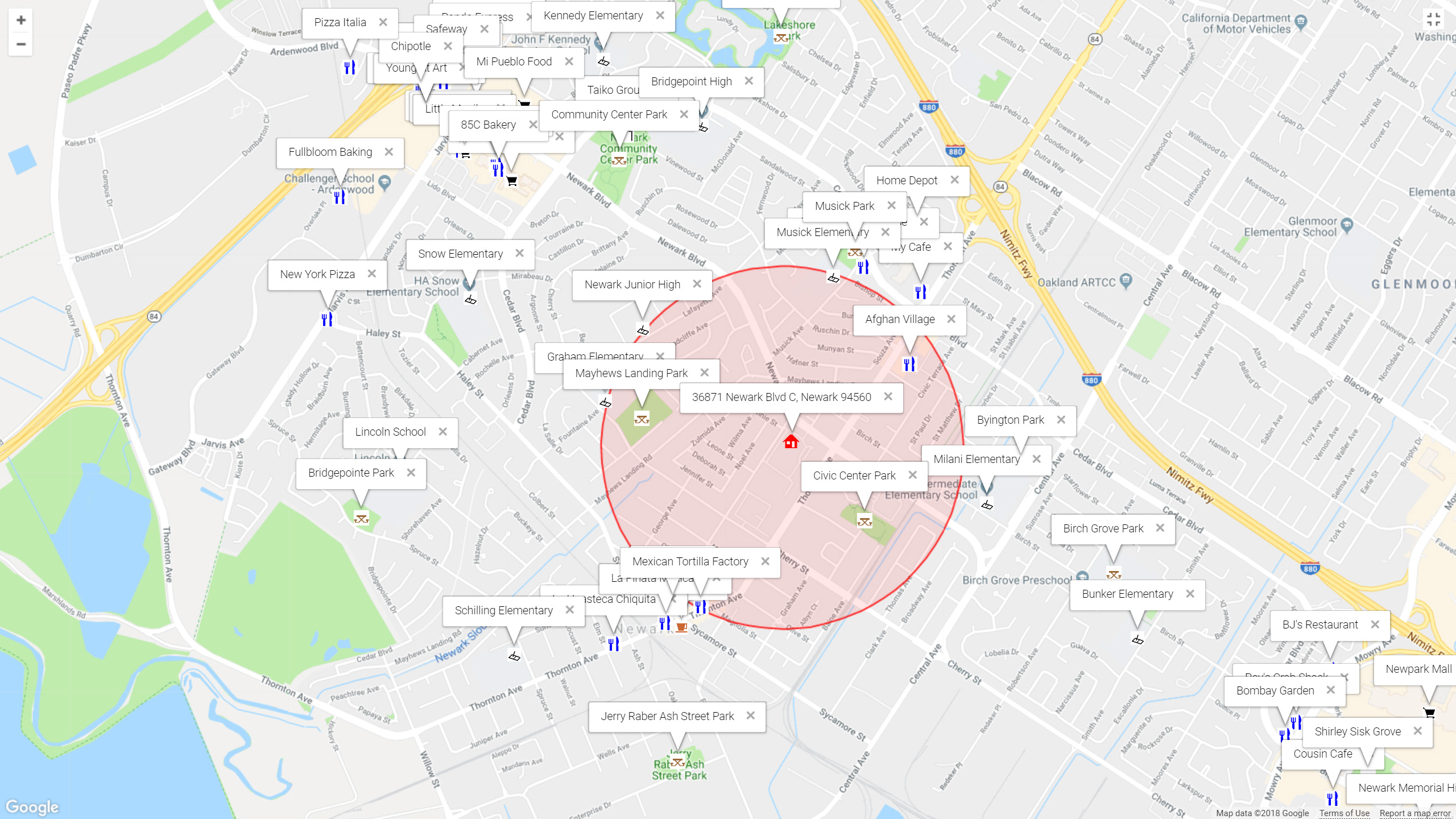 Map of attractions near 36871 Newark Blvd C, Newark 94560