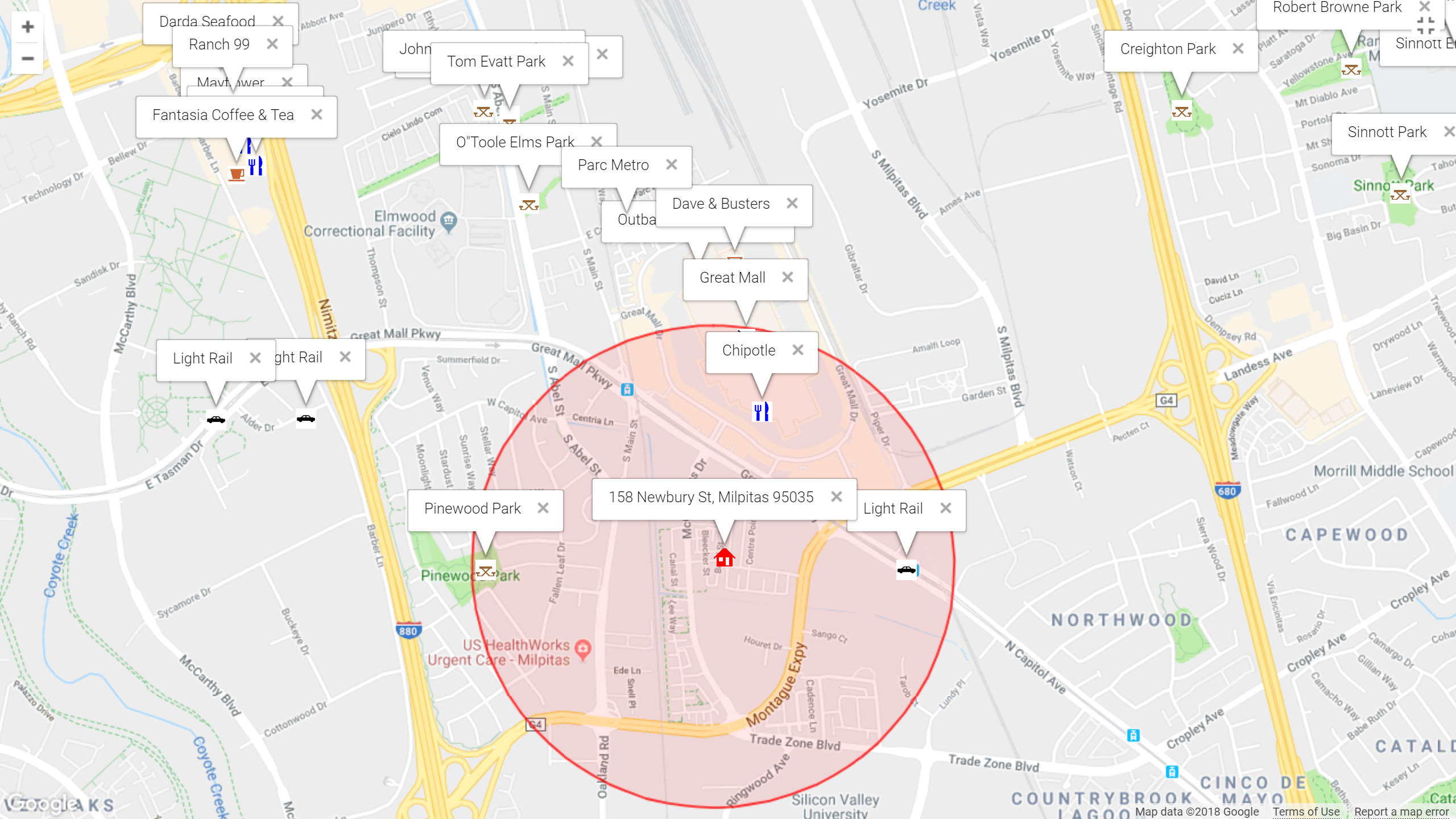 Map of attractions near 158 Newbury St, Milpitas 95035