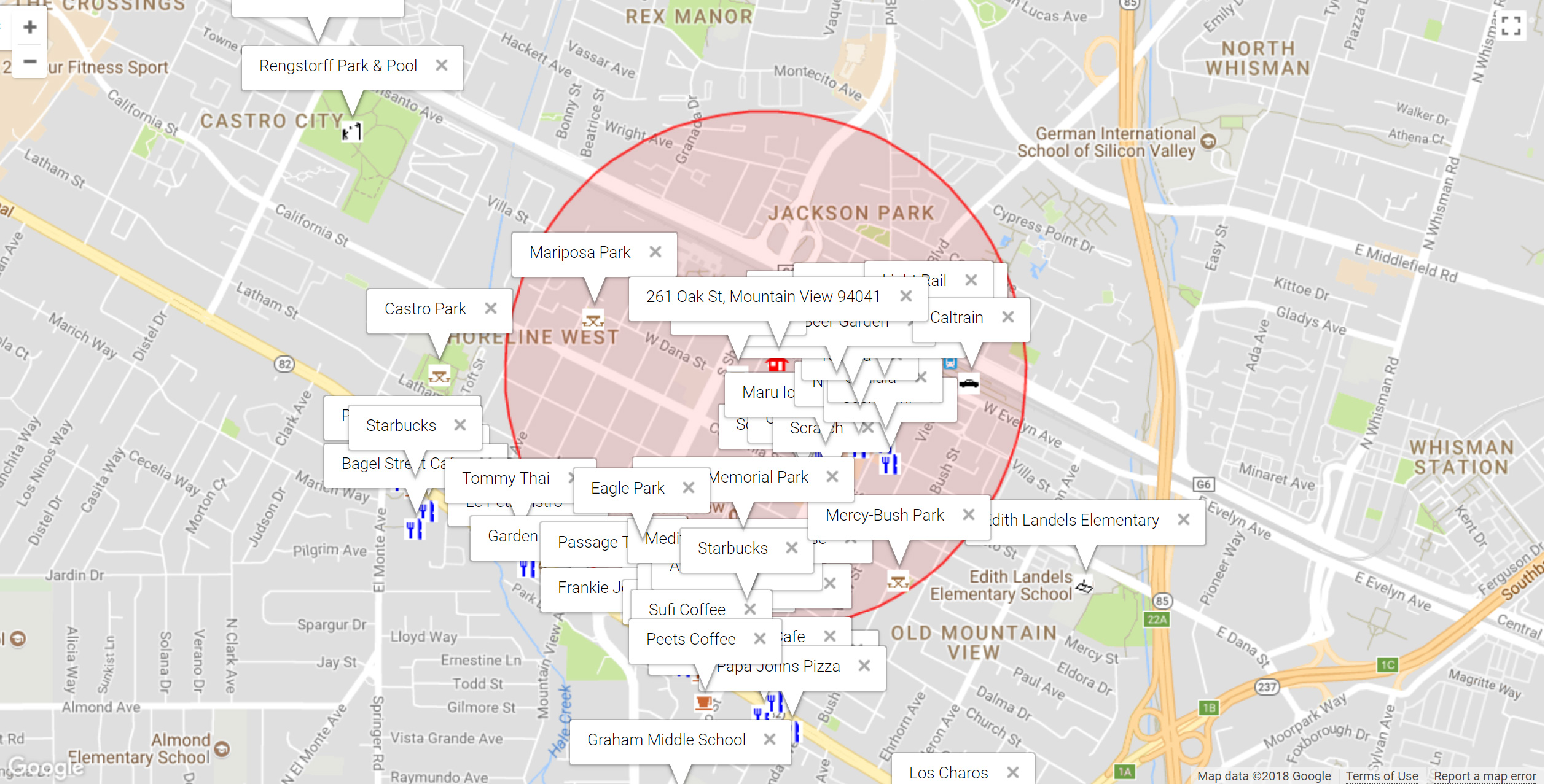 Map of attractions near 261 Oak St, Mountain View 94041
