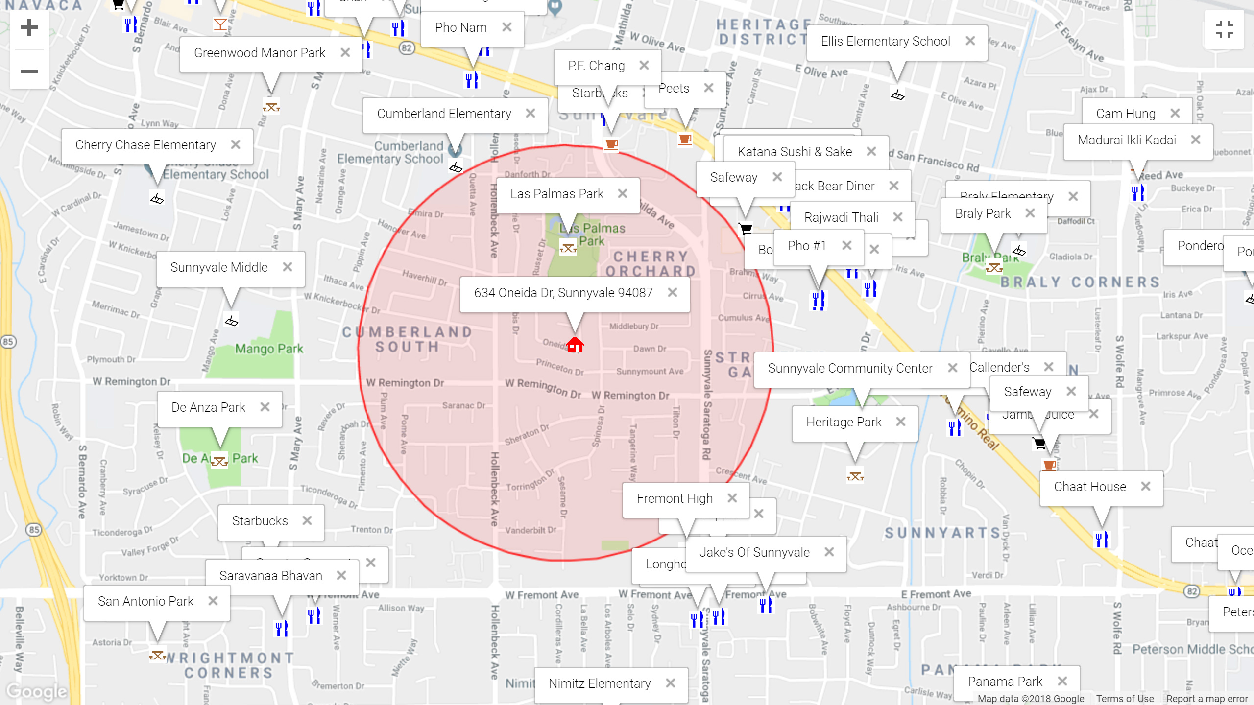 Map of attractions near 634 Oneida Dr, Sunnyvale 94087