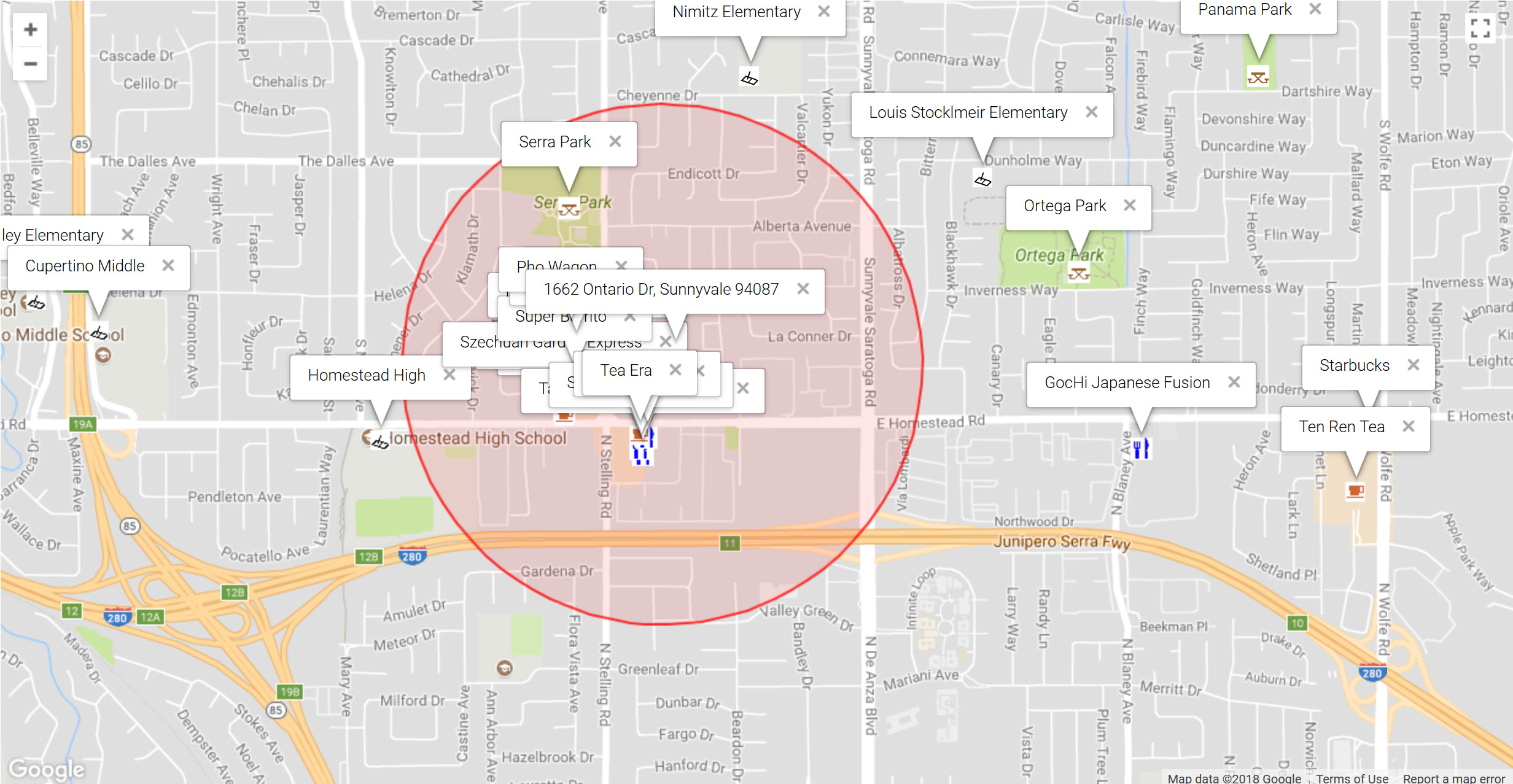 Map of attractions near 1662 Ontario Dr, Sunnyvale 94087