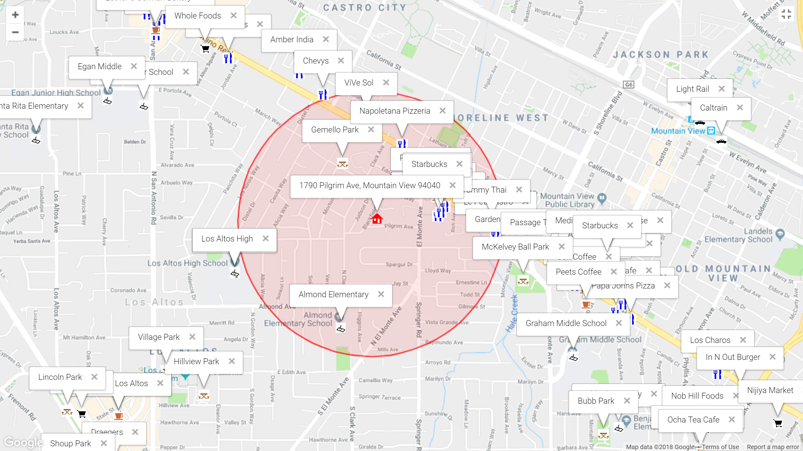 Map of attractions near 1790 Pilgrim Ave, Mountain View 94040