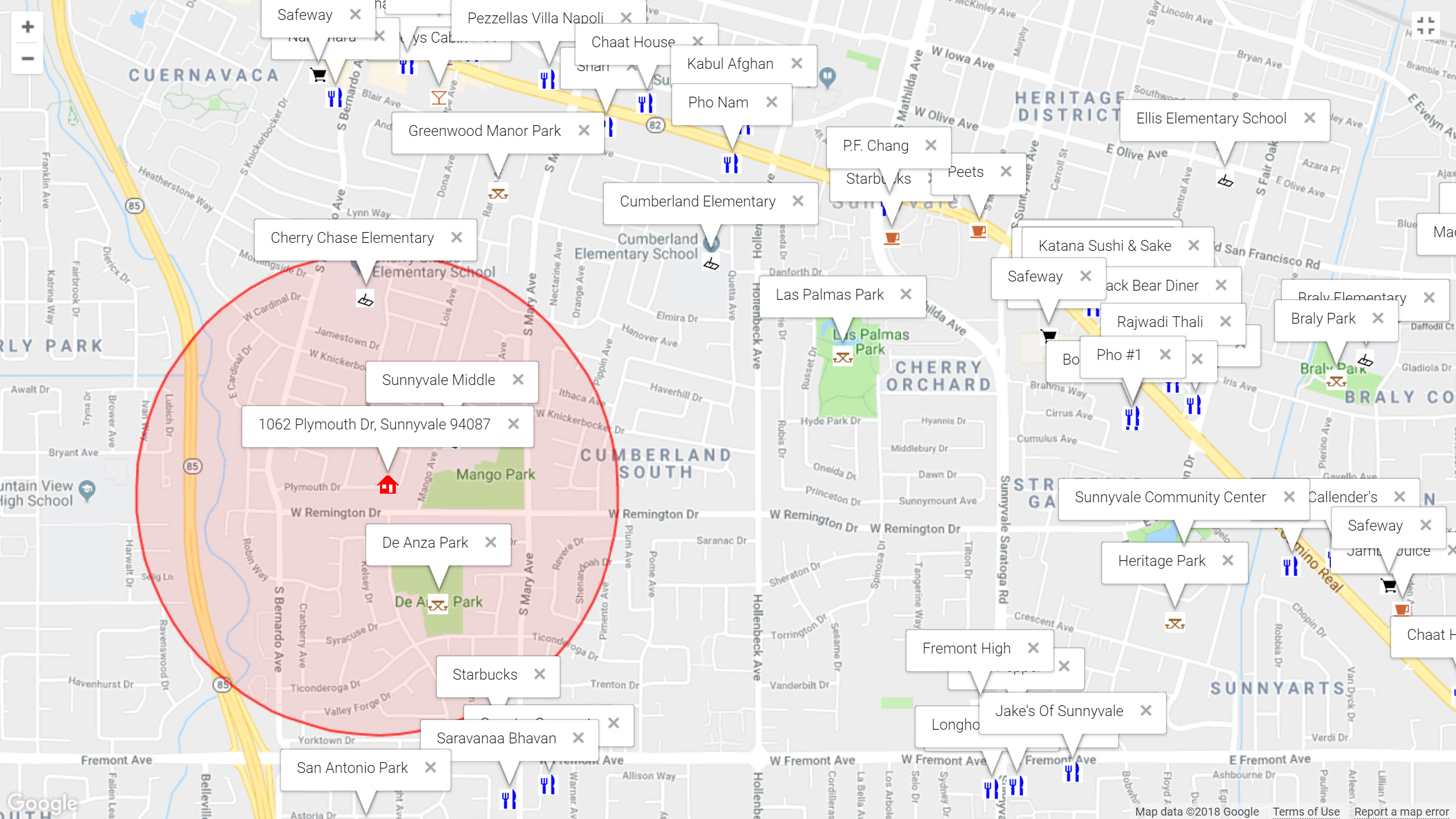 Map of attractions near 1062 Plymouth Dr, Sunnyvale 94087