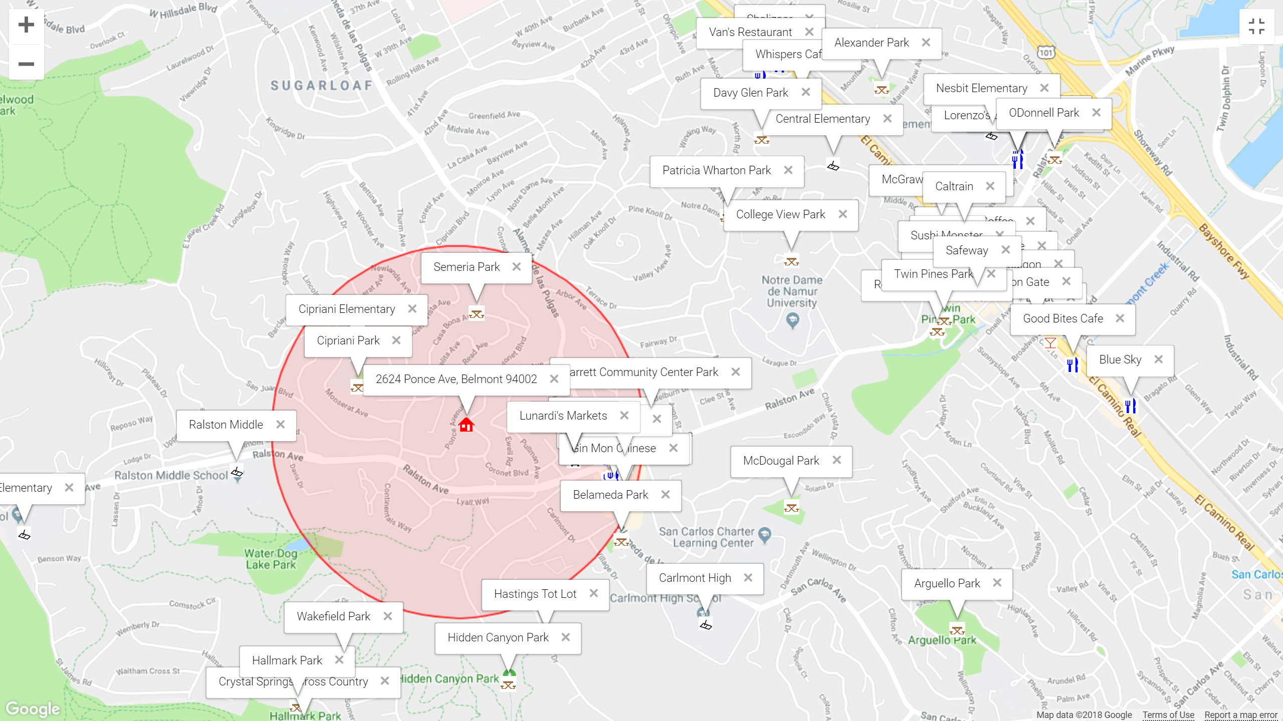 Map of attractions near 2624 Ponce Ave, Belmont 94002