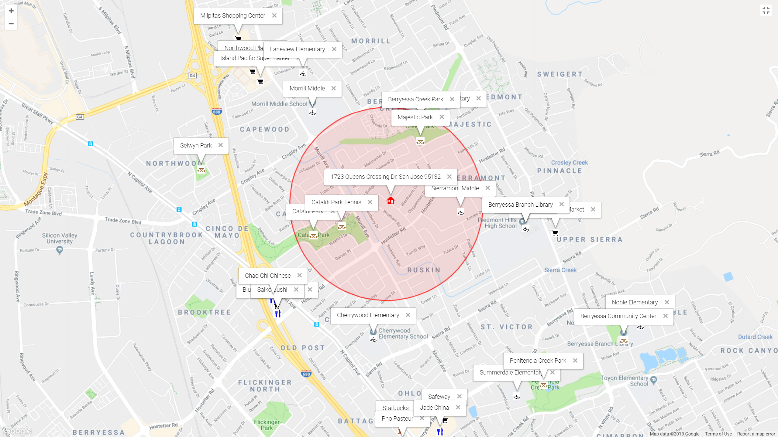 Map of attractions near 1723 Queens Crossing Dr, San Jose 95132
