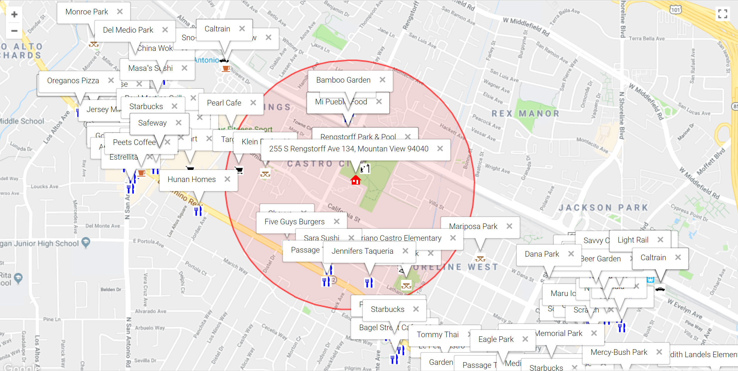 Map of attractions near 255 S Rengstorff Ave 134, Mountain View 94040