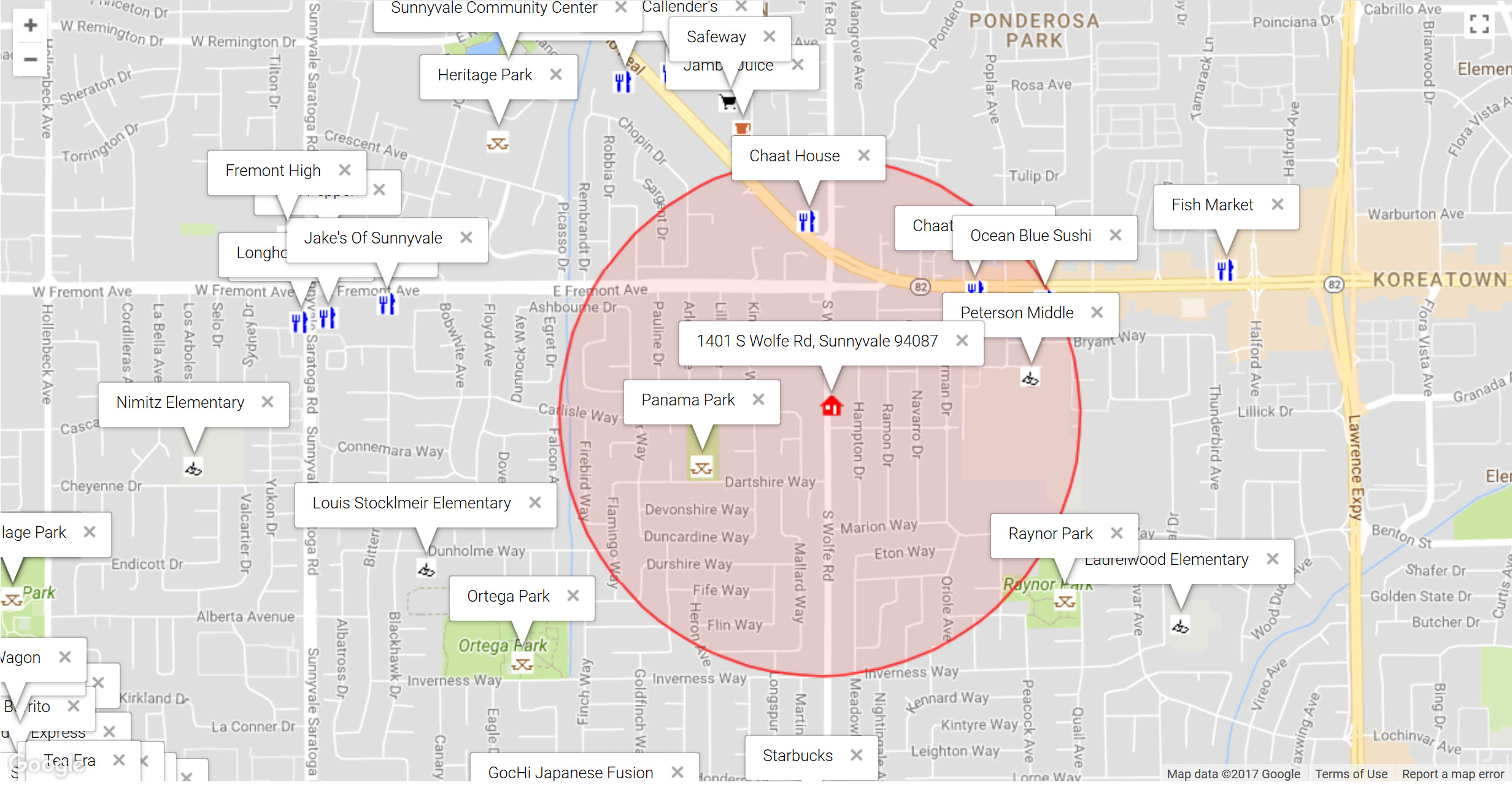 Map of attractions near 1401 S Wolfe Rd, Sunnyvale 94087