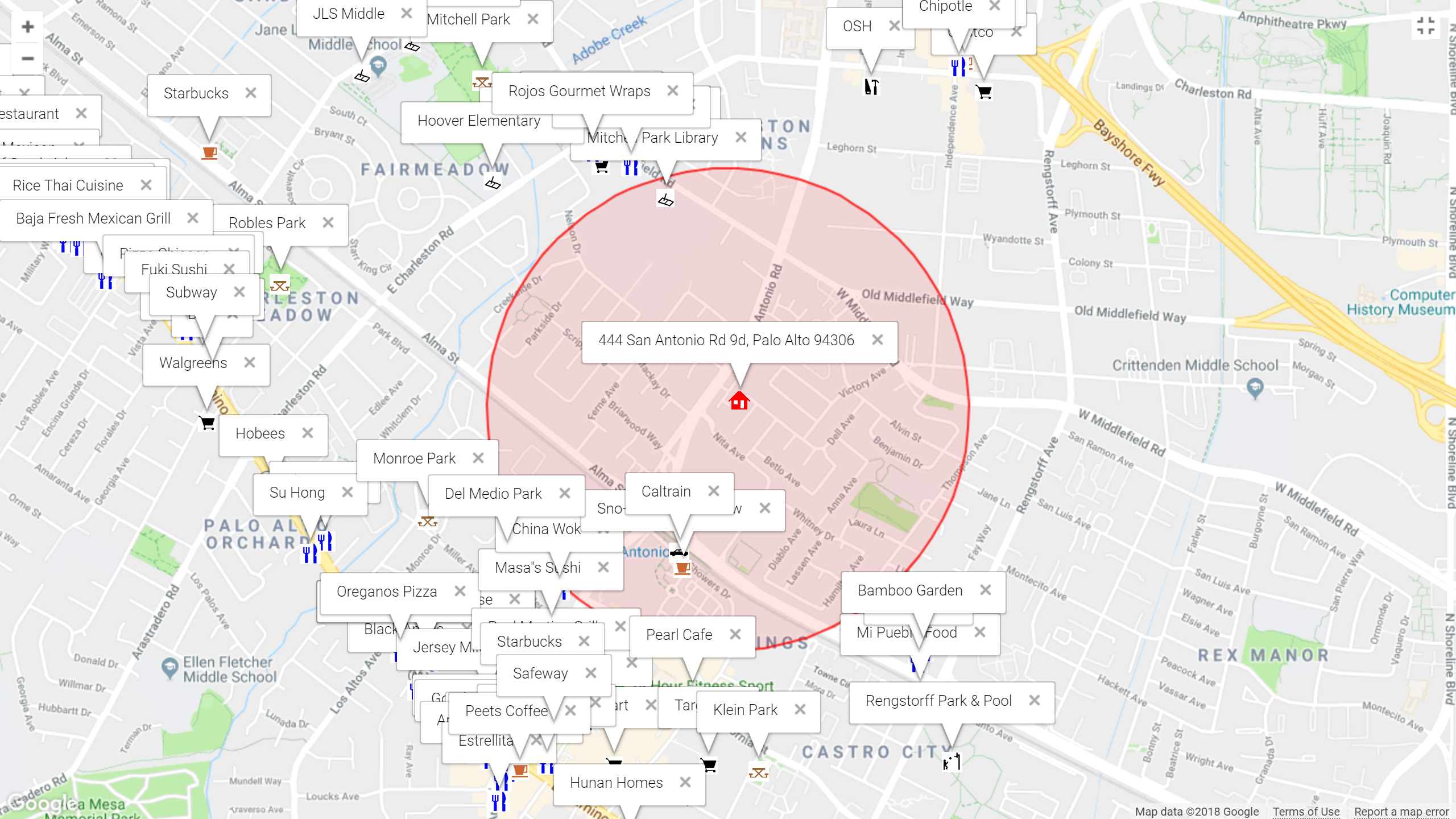 Map of attractions near 444 San Antonio Rd 9d, Palo Alto 94306