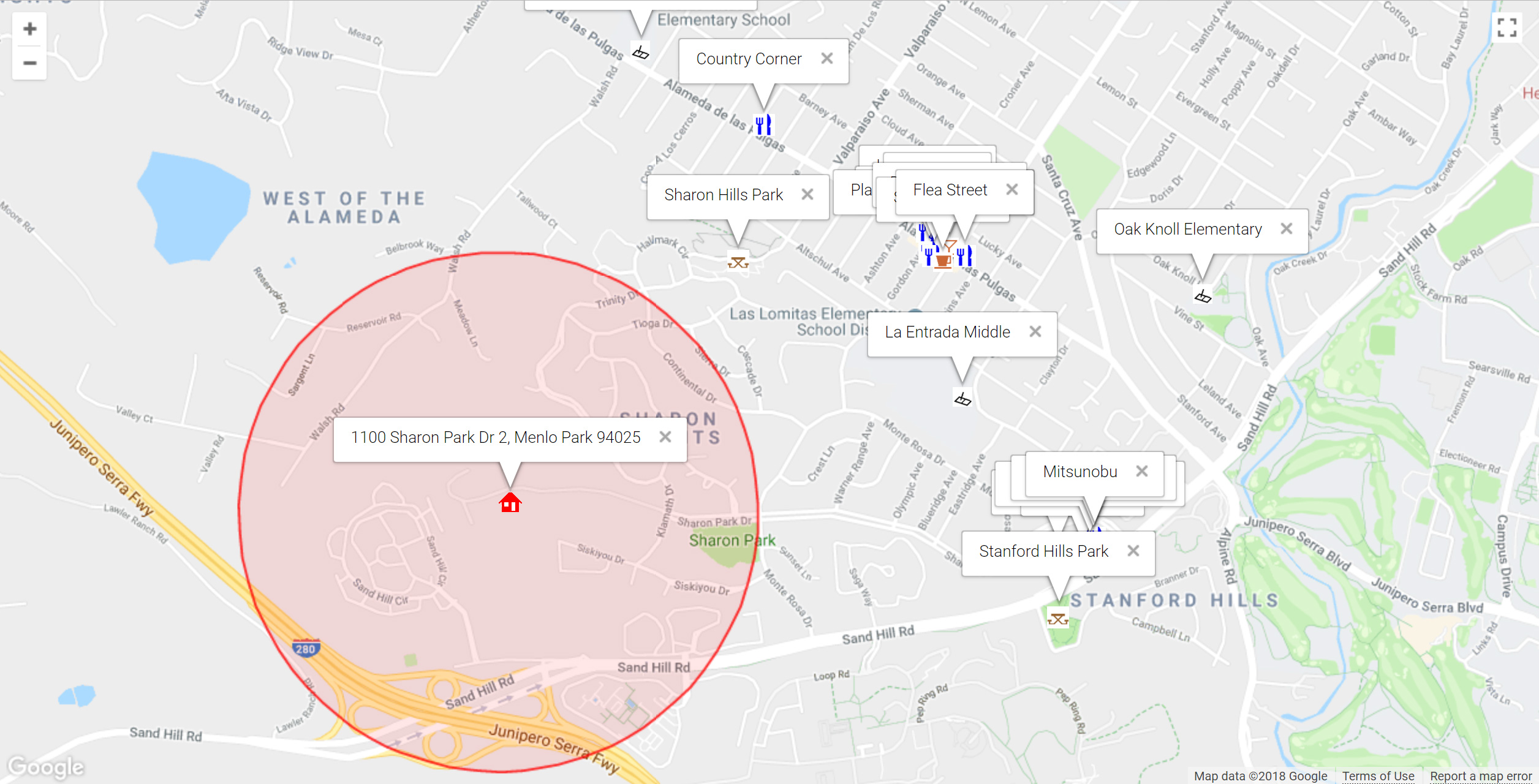 Map of attractions near 1100 Sharon Park Dr 2, Menlo Park 94025