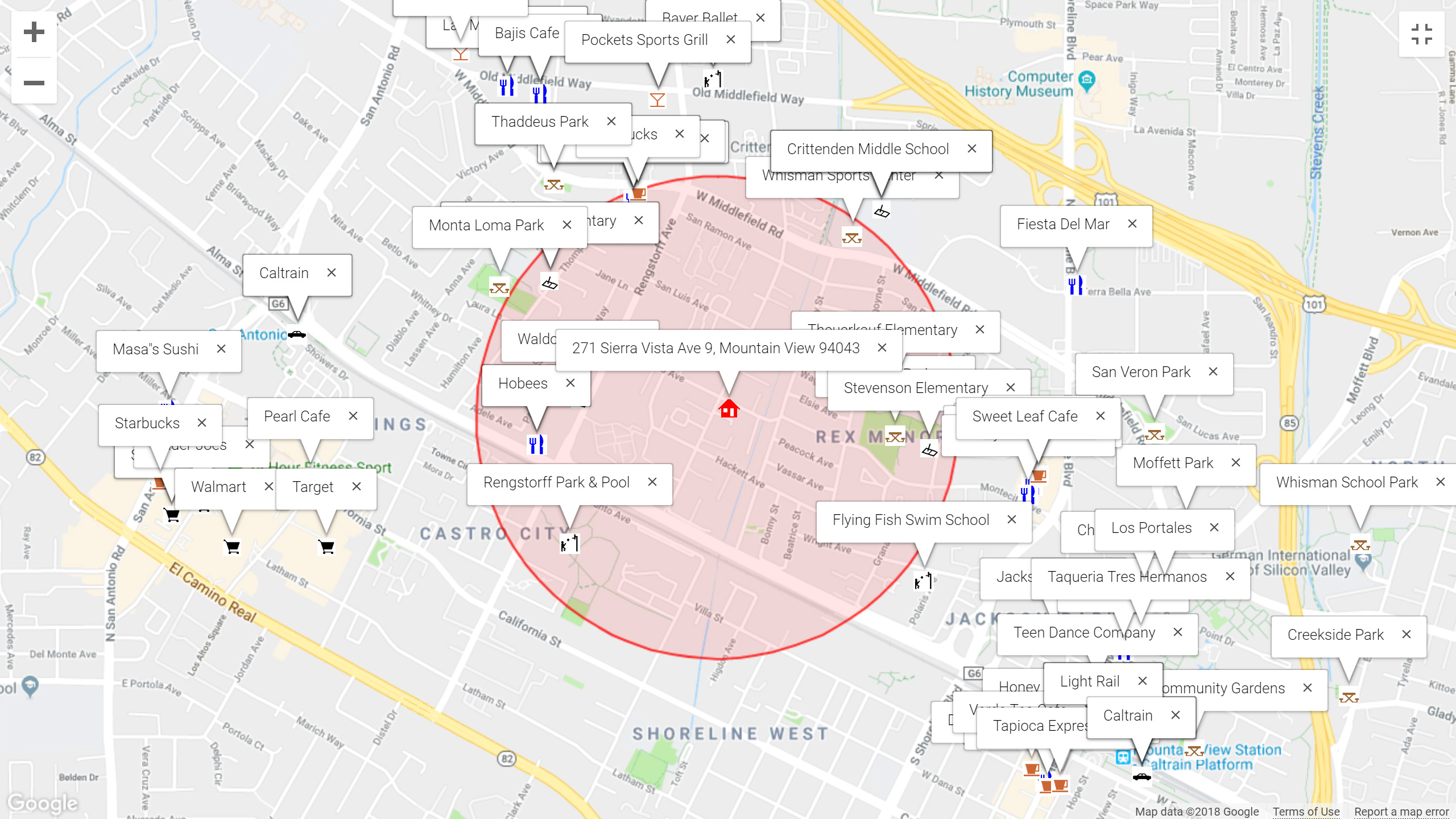Map of attractions near 271 Sierra Vista Ave 9, Mountain View 94043