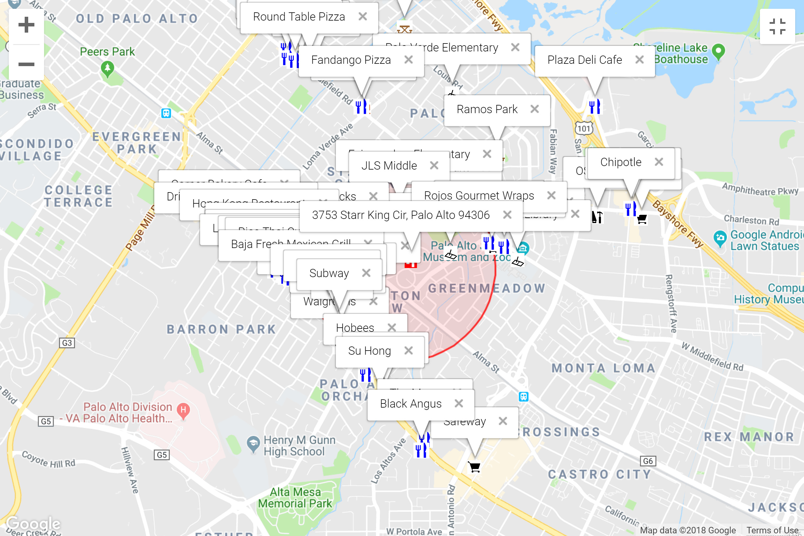 Map of attractions near 3753 Starr King Cir, Palo Alto 94306