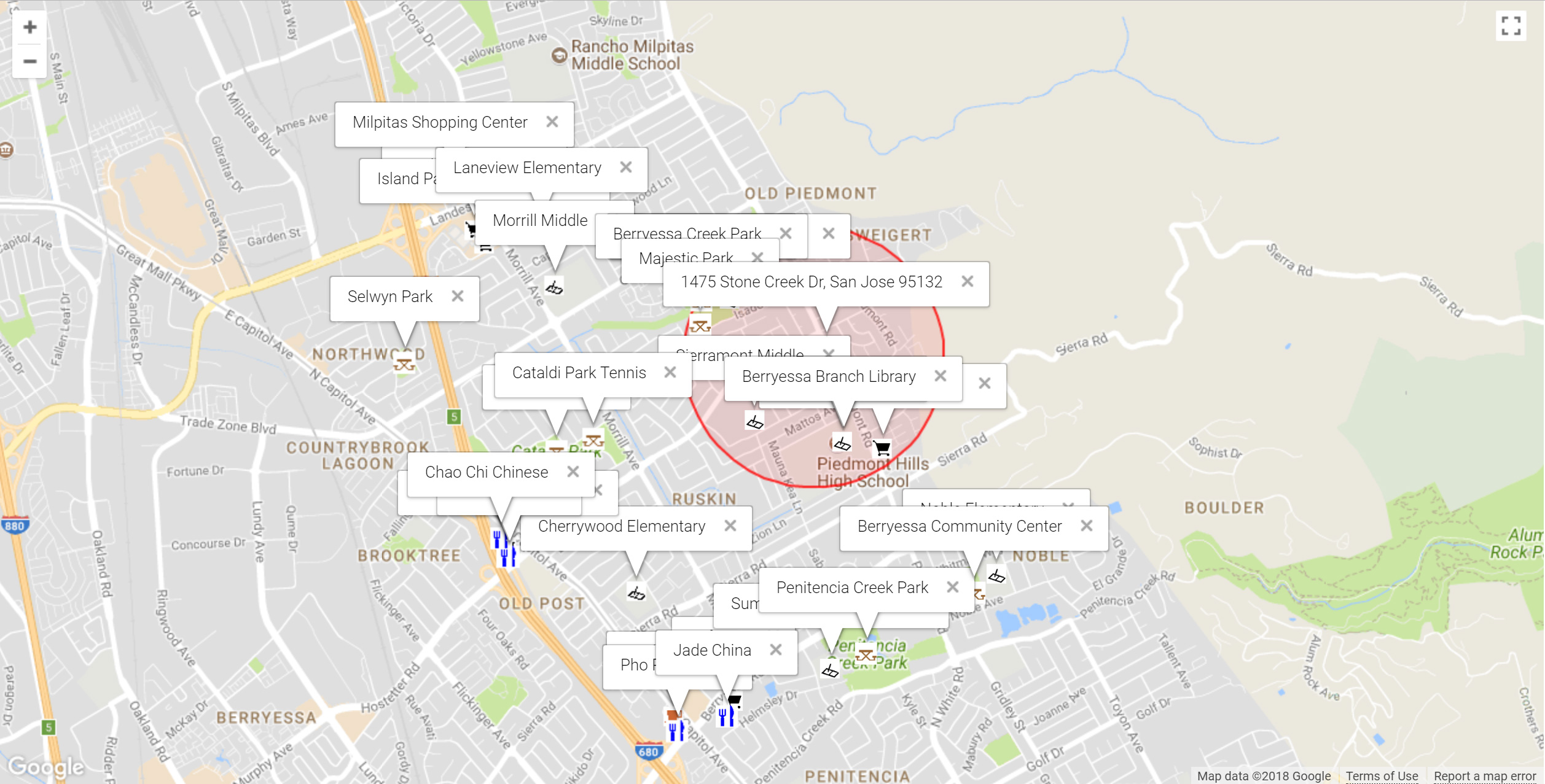 Map of attractions near 1475 Stone Creek Dr, San Jose 95132