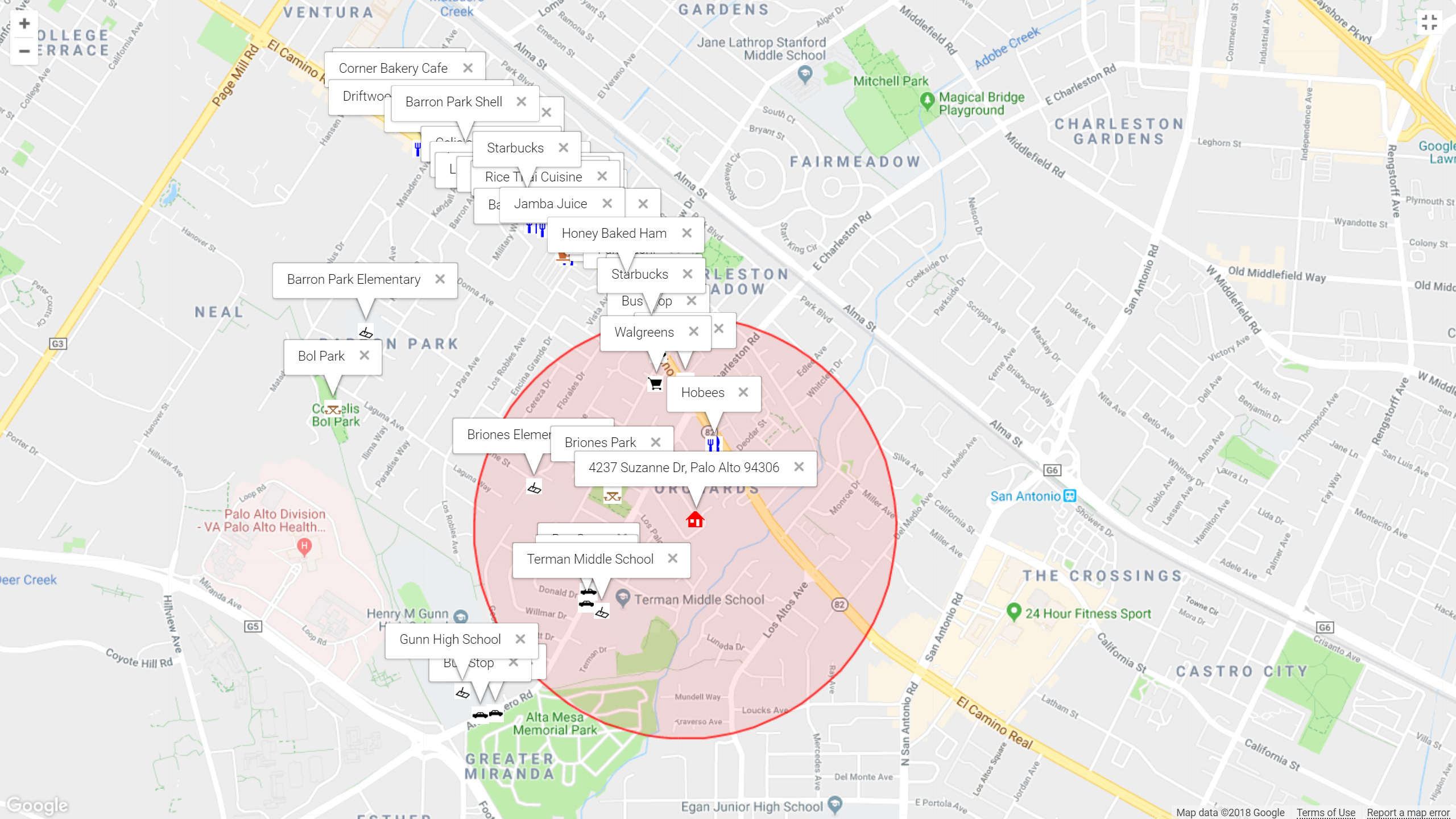 Map of attractions near 4237 Suzanne Dr, Palo Alto 94306