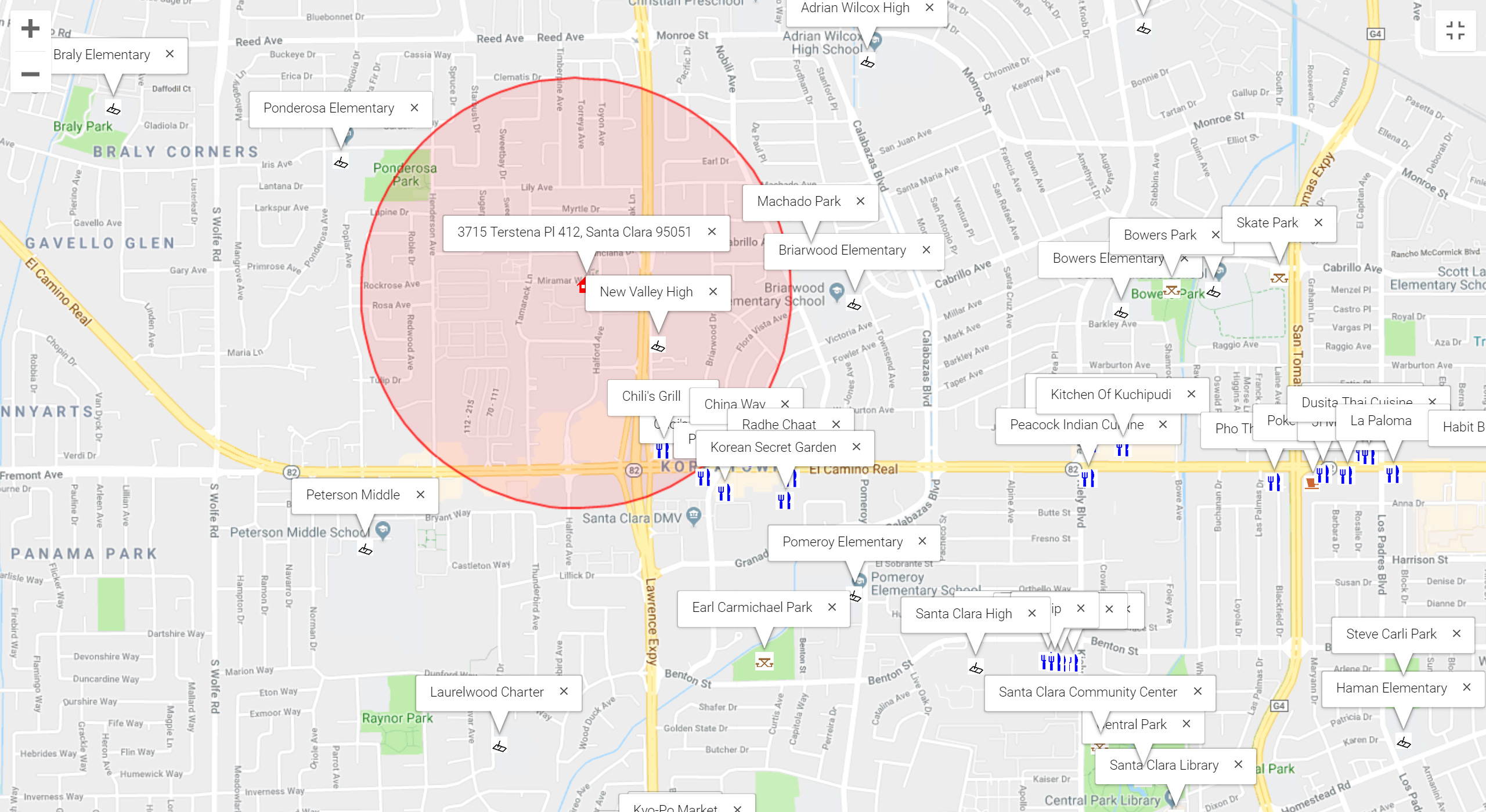 Map of attractions near 3715 Terstena Pl 412, Santa Clara 95051