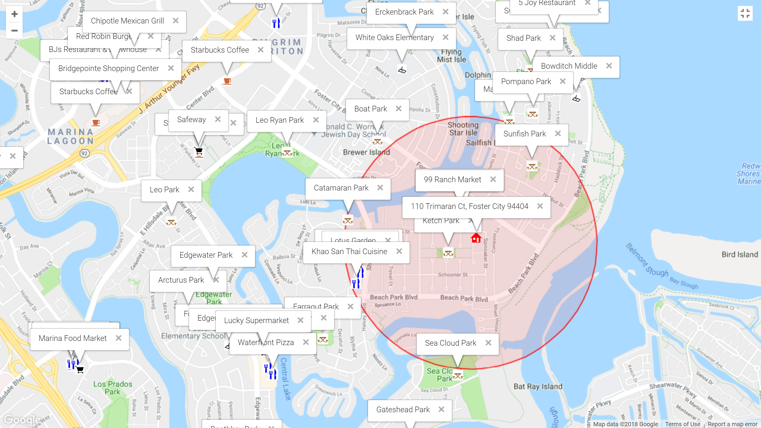 Map of attractions near 110 Trimaran Ct, Foster City 94404