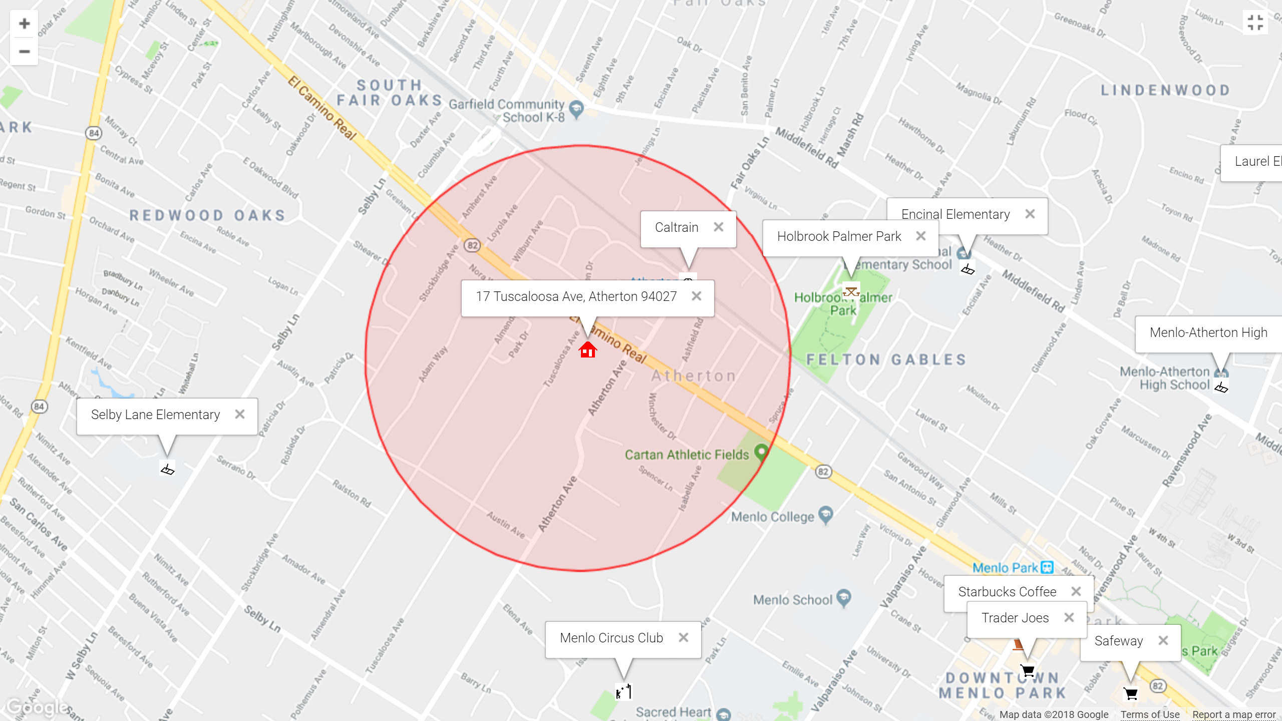 Map of attractions near 17 Tuscaloosa Ave, Atherton 94027
