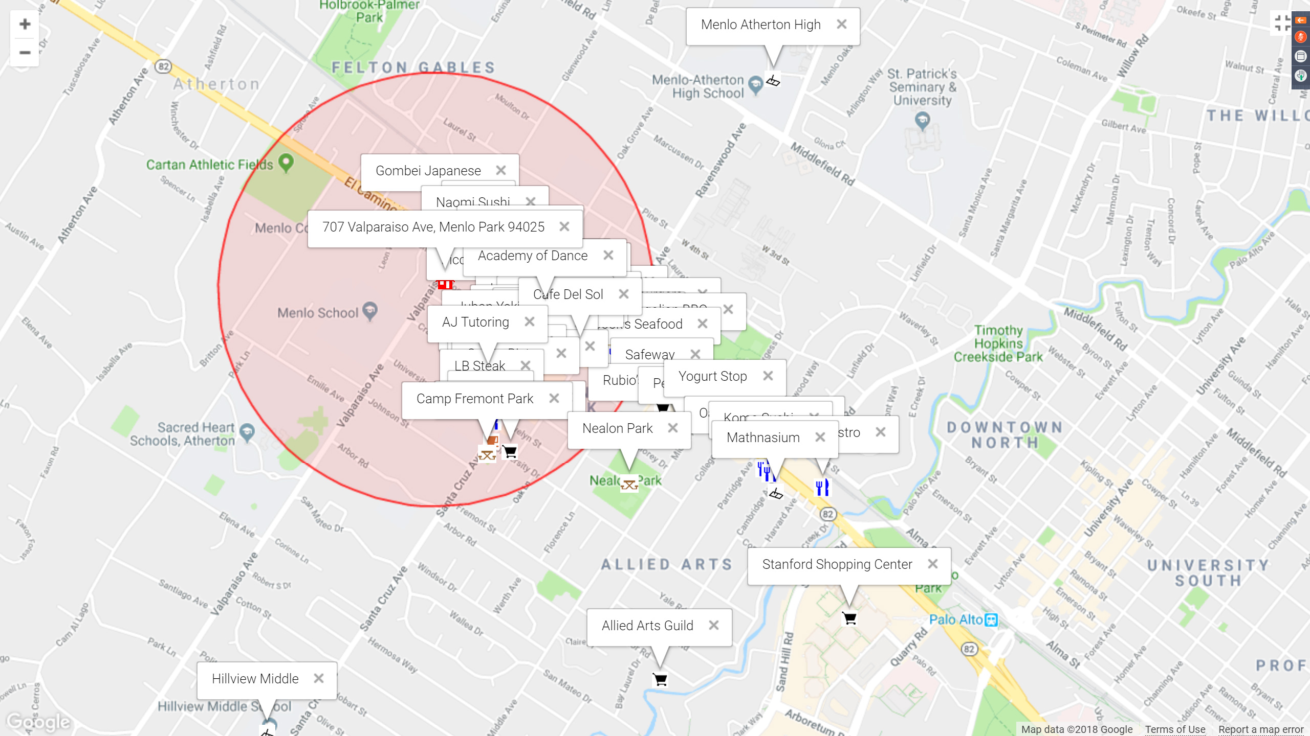 Map of attractions near 707 Valparaiso Ave, Menlo Park 94025
