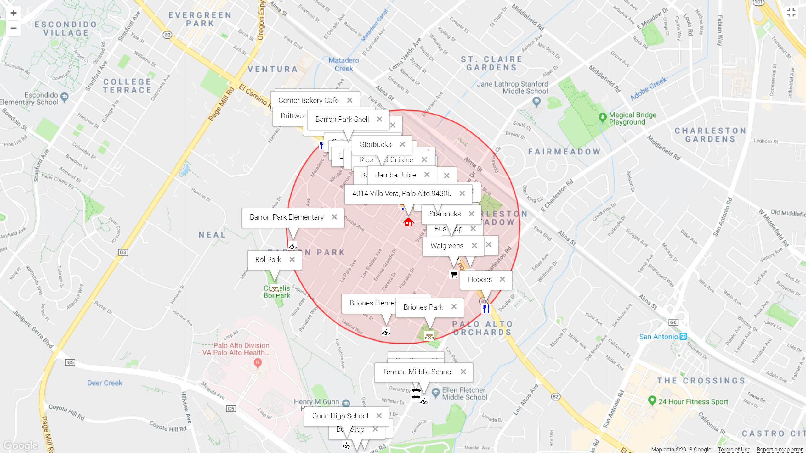Map of attractions near 4014 Villa Vera, Palo Alto 94306