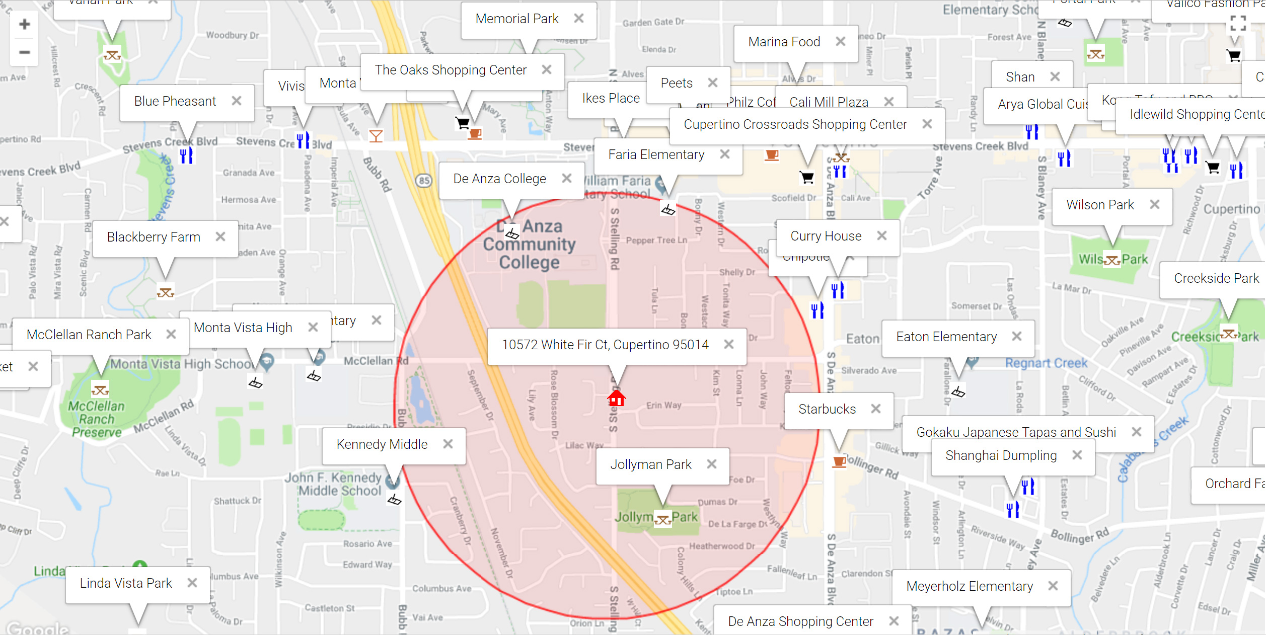Map of attractions near 10572 White Fir Ct, Cupertino 95014