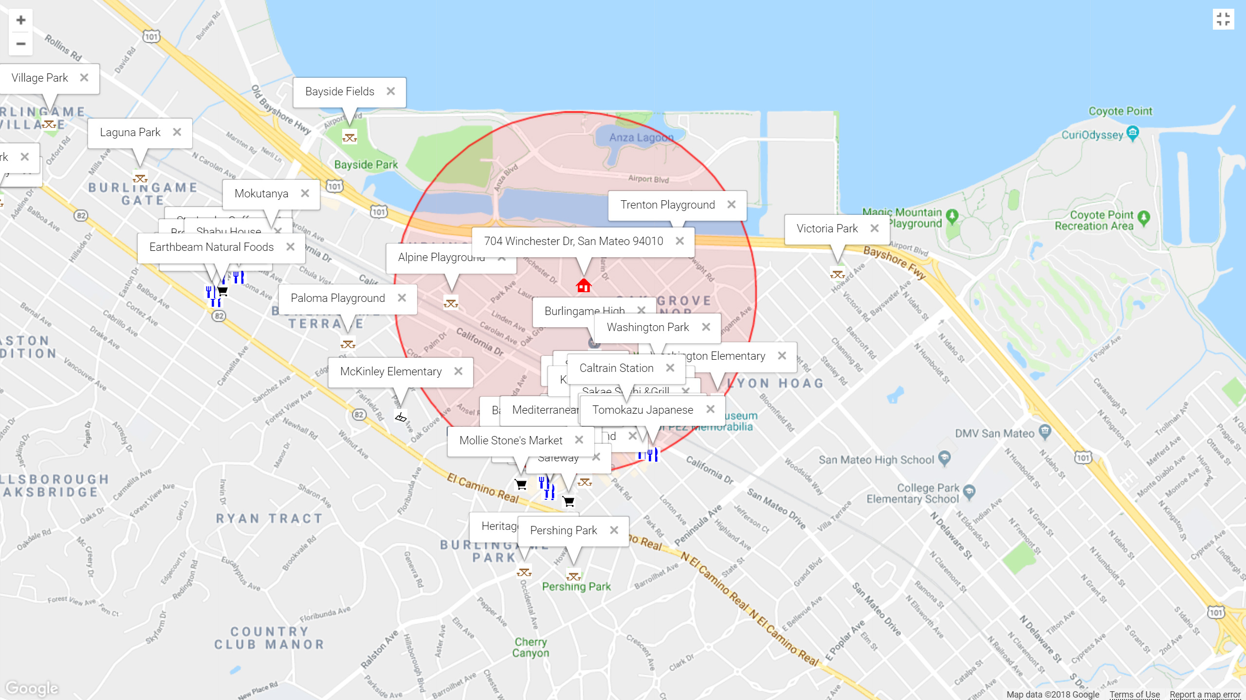 Map of attractions near 704 Winchester Dr, Burlingame 94010