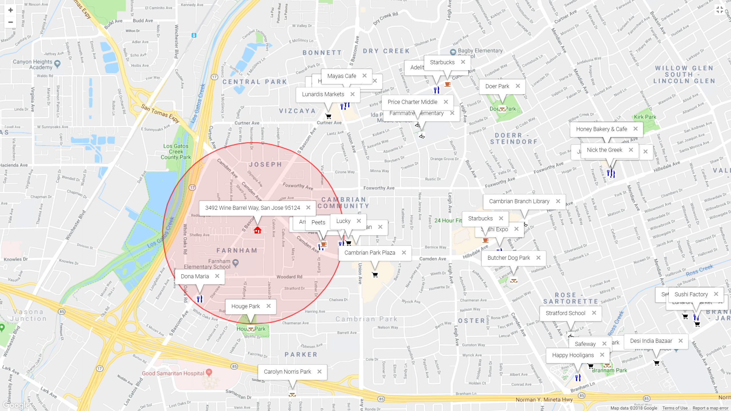 Map of attractions near 3492 Wine Barrel Way, San Jose 95124