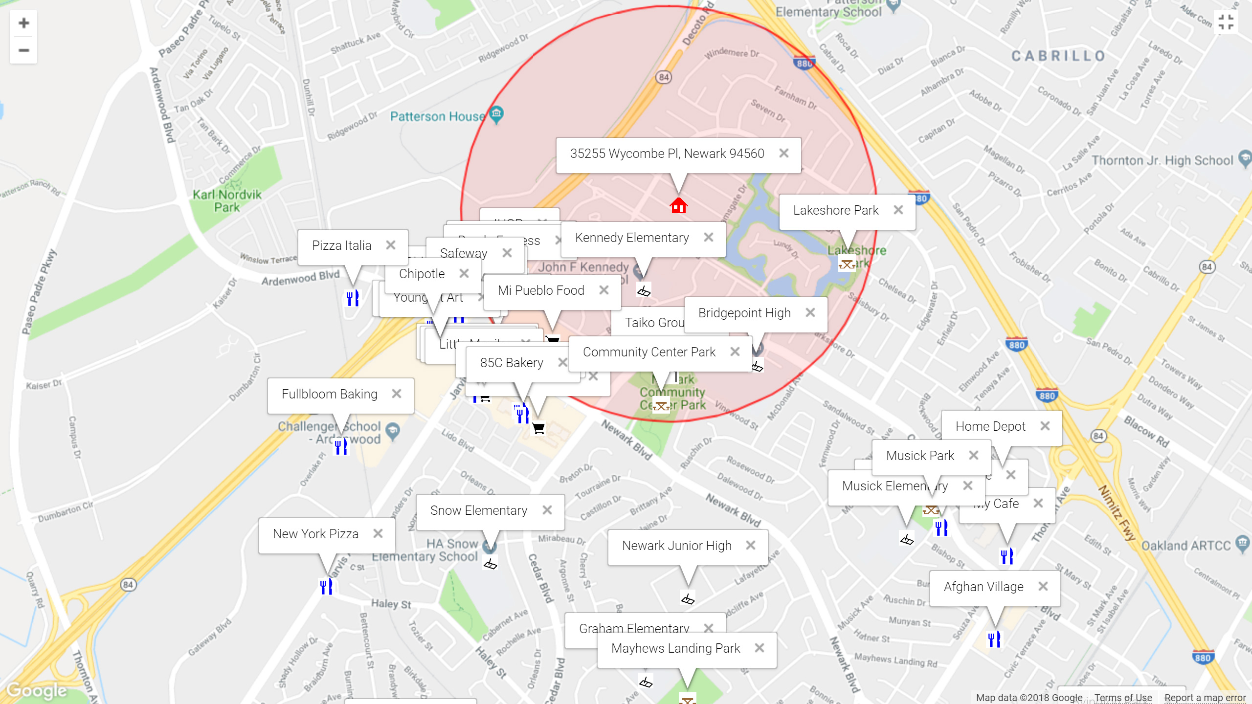 Map of attractions near 35255 Wycombe Pl, Newark 94560