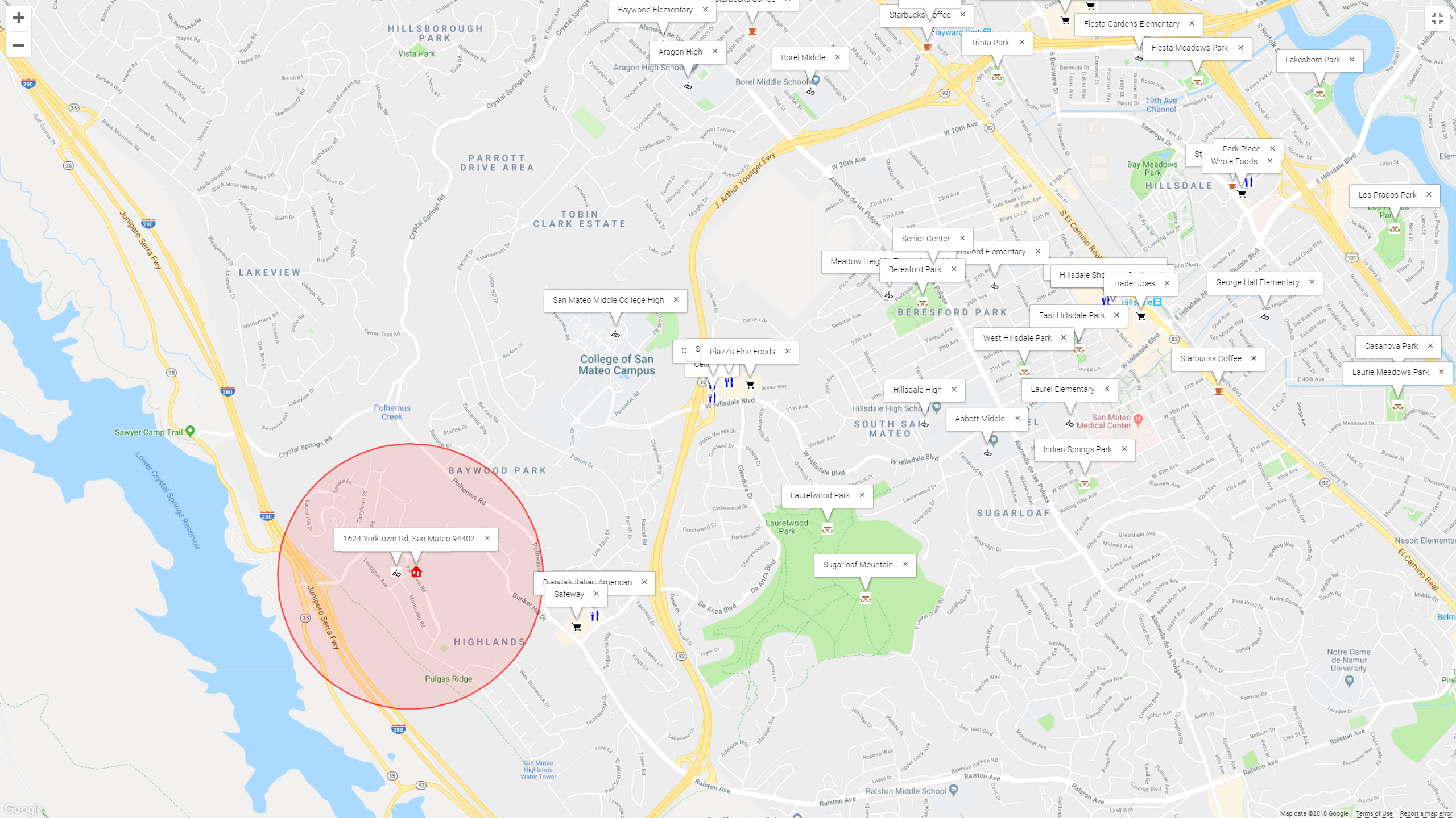 Map of attractions near 1624 Yorktown Rd, San Mateo 94402