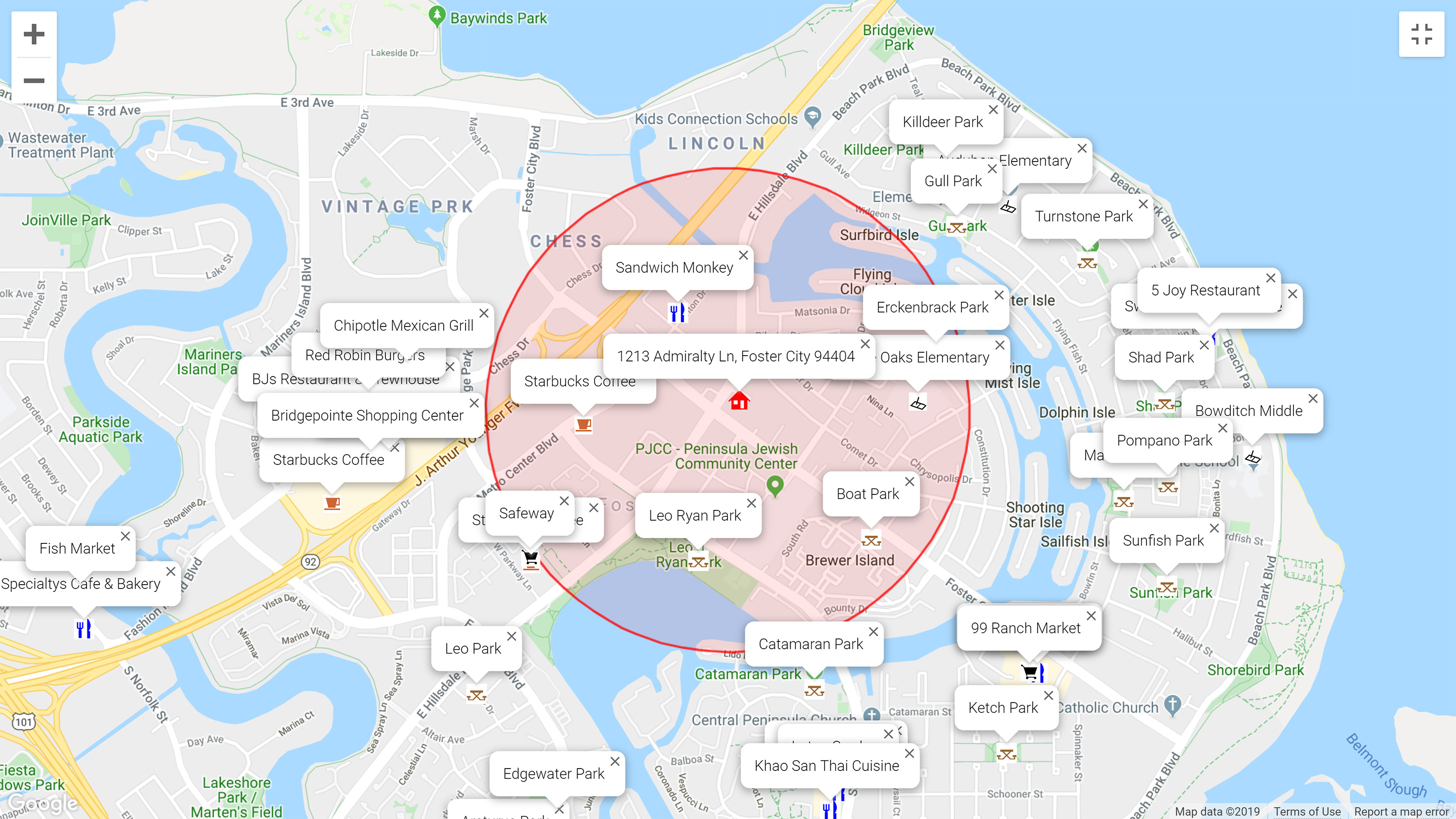 Map of attractions near 1213 Admiralty Ln, Foster City 94404