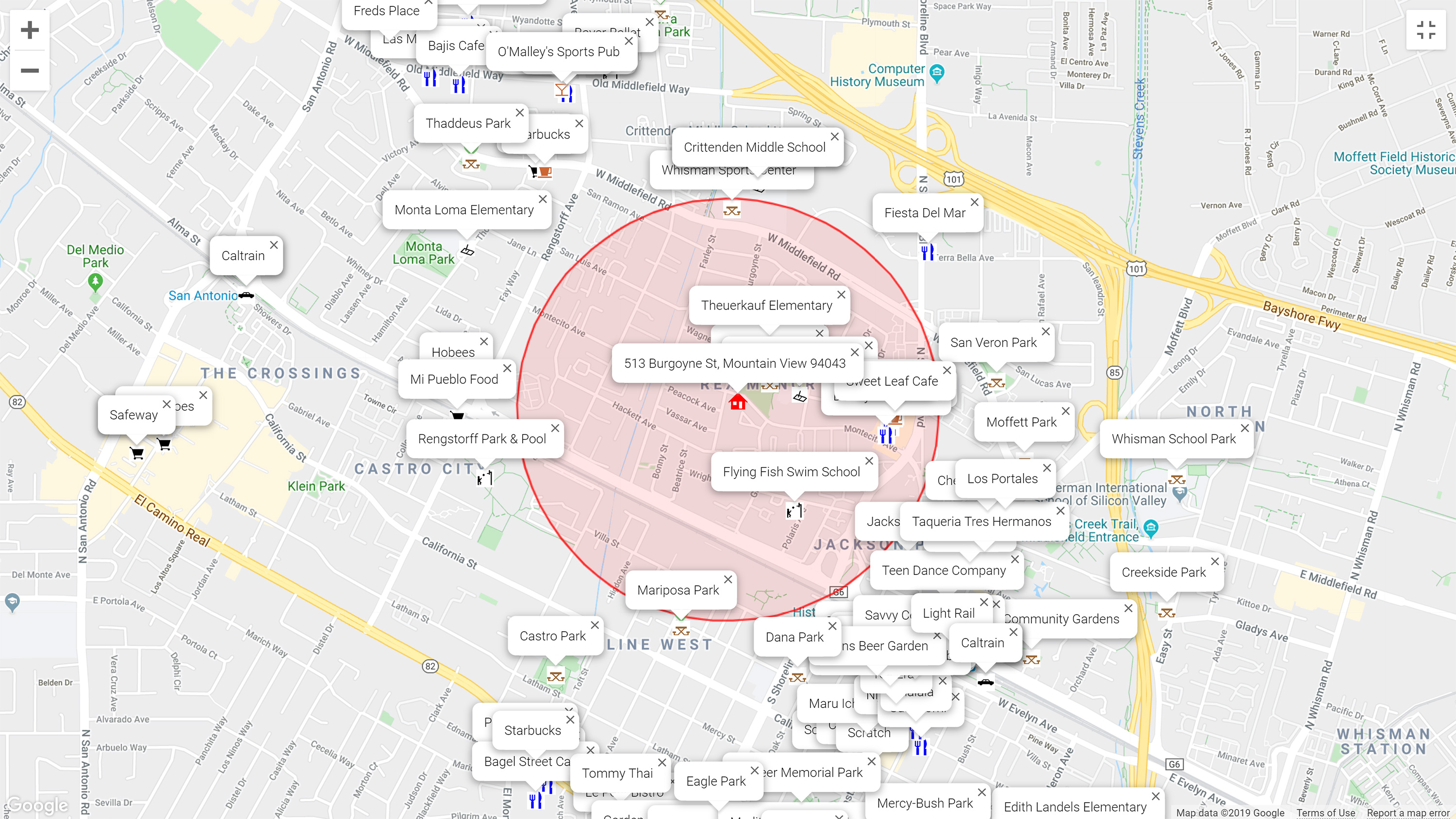 Map of attractions near 513 Burgoyne St, Mountain View 94043