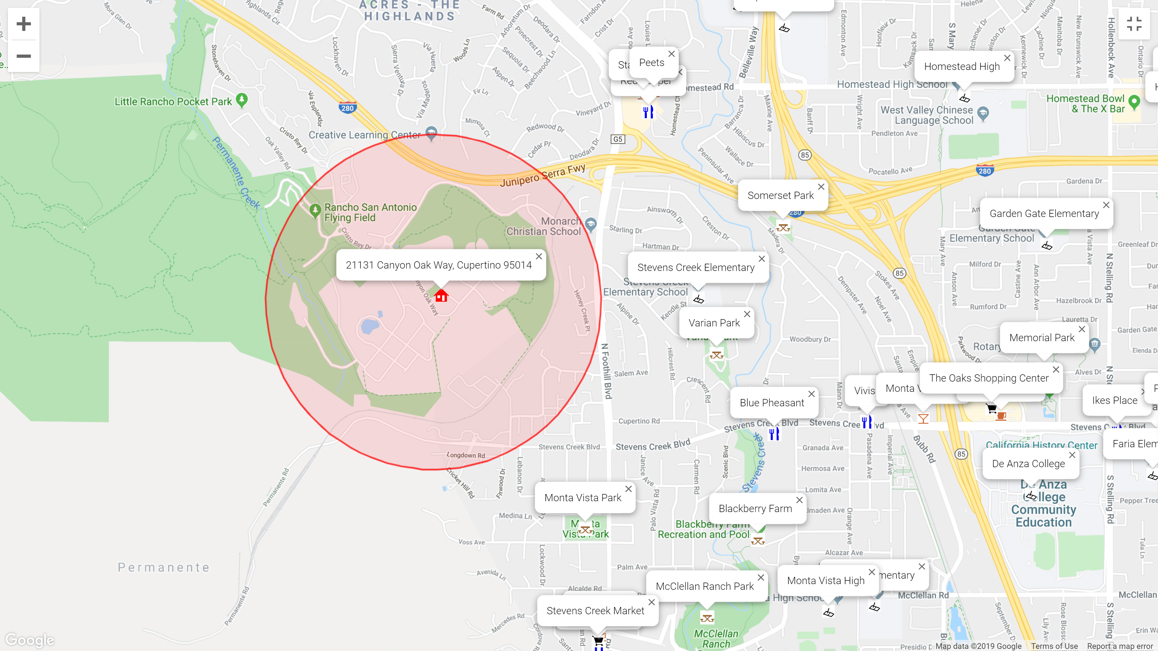 Map of attractions near 21131 Canyon Oak Way, Cupertino 95014