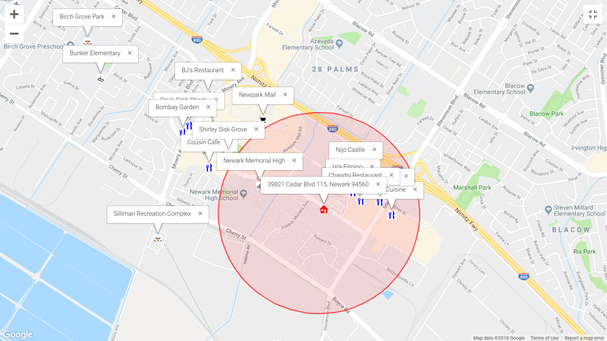 Map of attractions near 39821 Cedar Blvd #115, Newark 94560