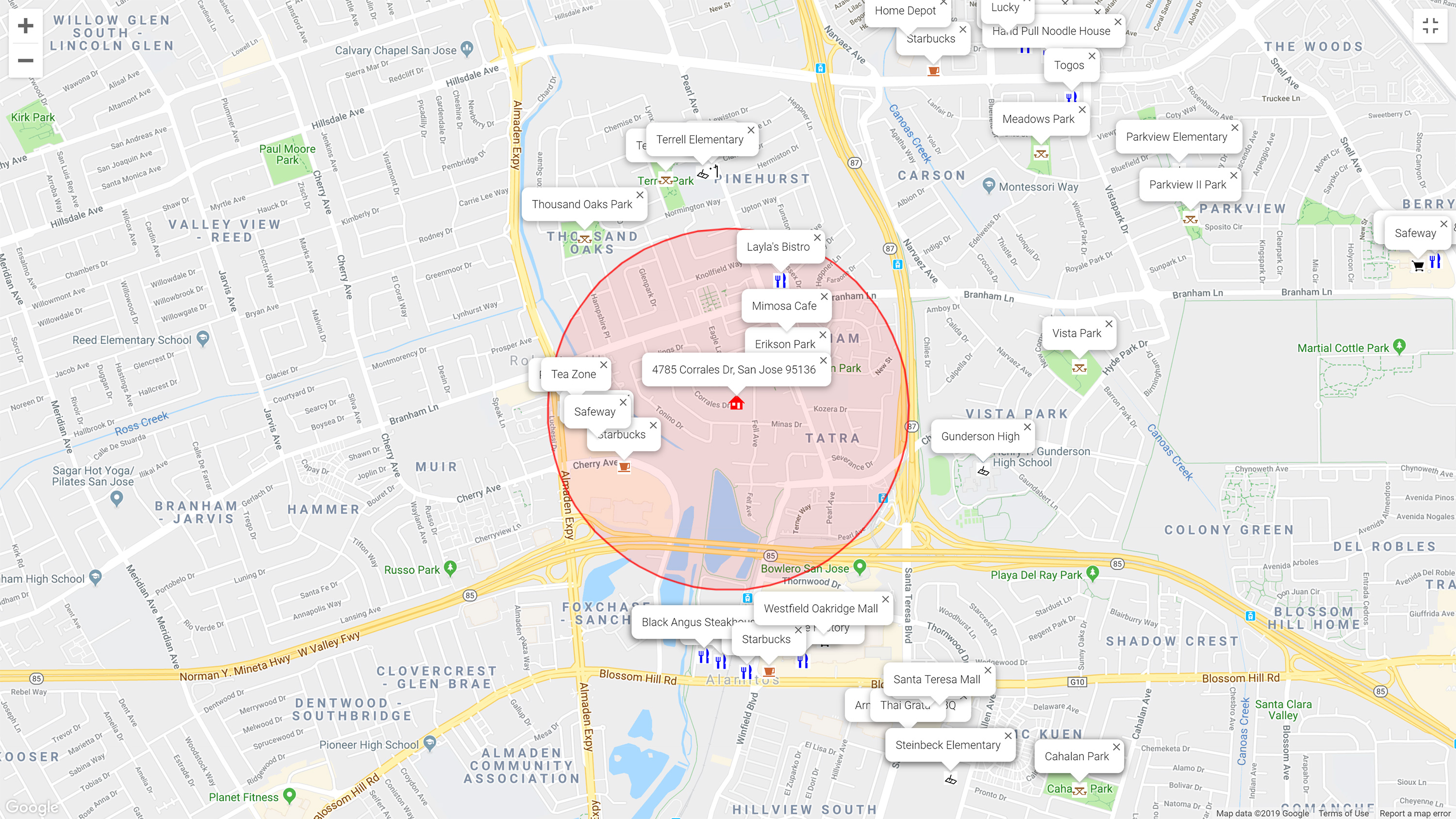 Map of attractions near 4785 Corrales Dr, San Jose 95136