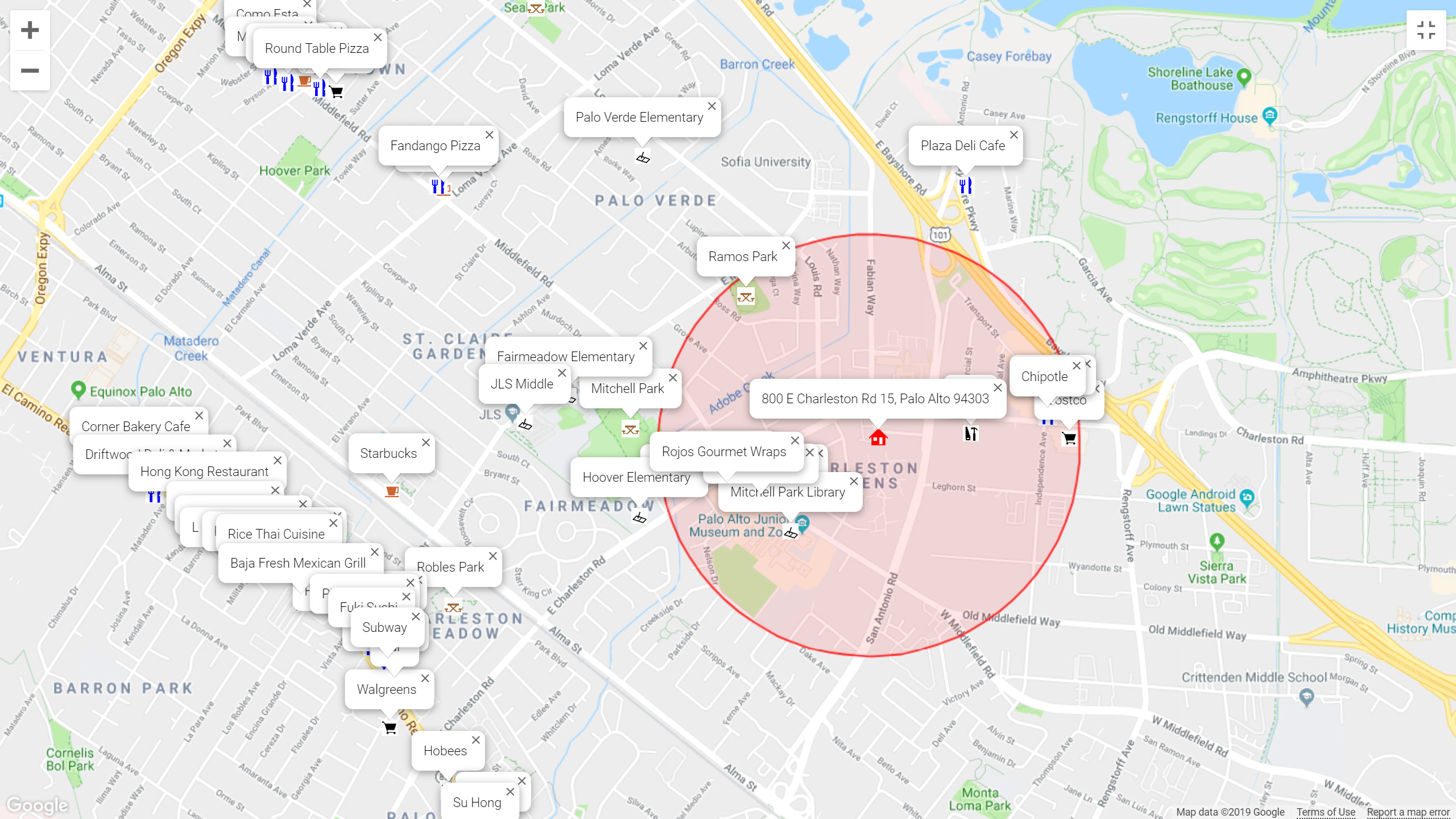 Map of attractions near 800 E Charleston Rd 15, Palo Alto 94303