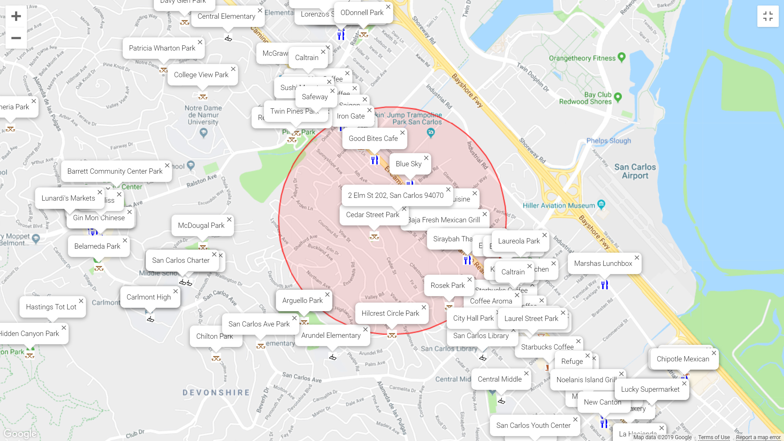 Map of attractions near 2 Elm St 202, San Carlos 94070