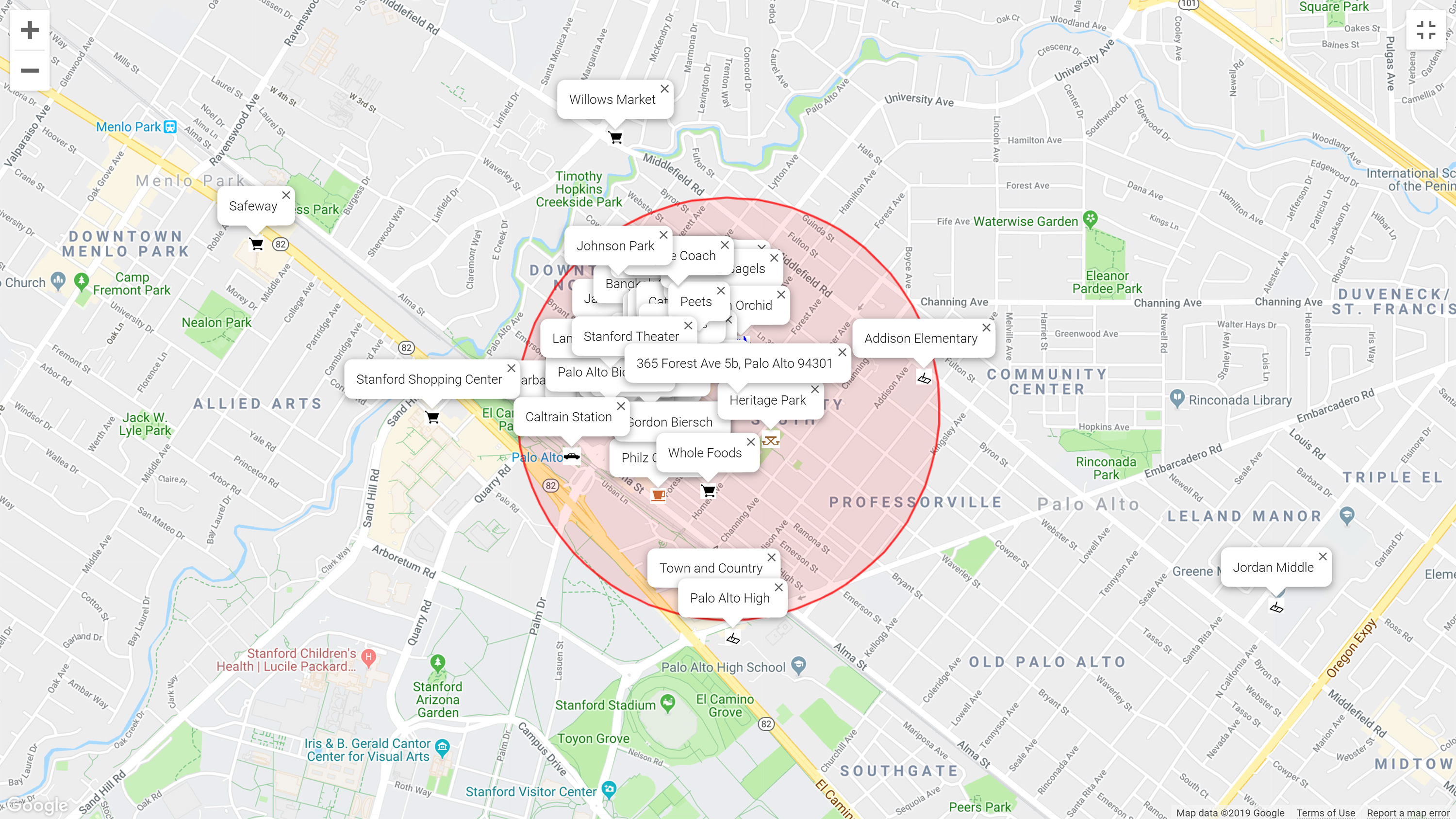 Map of attractions near 365 Forest Ave 5b, Palo Alto 94301