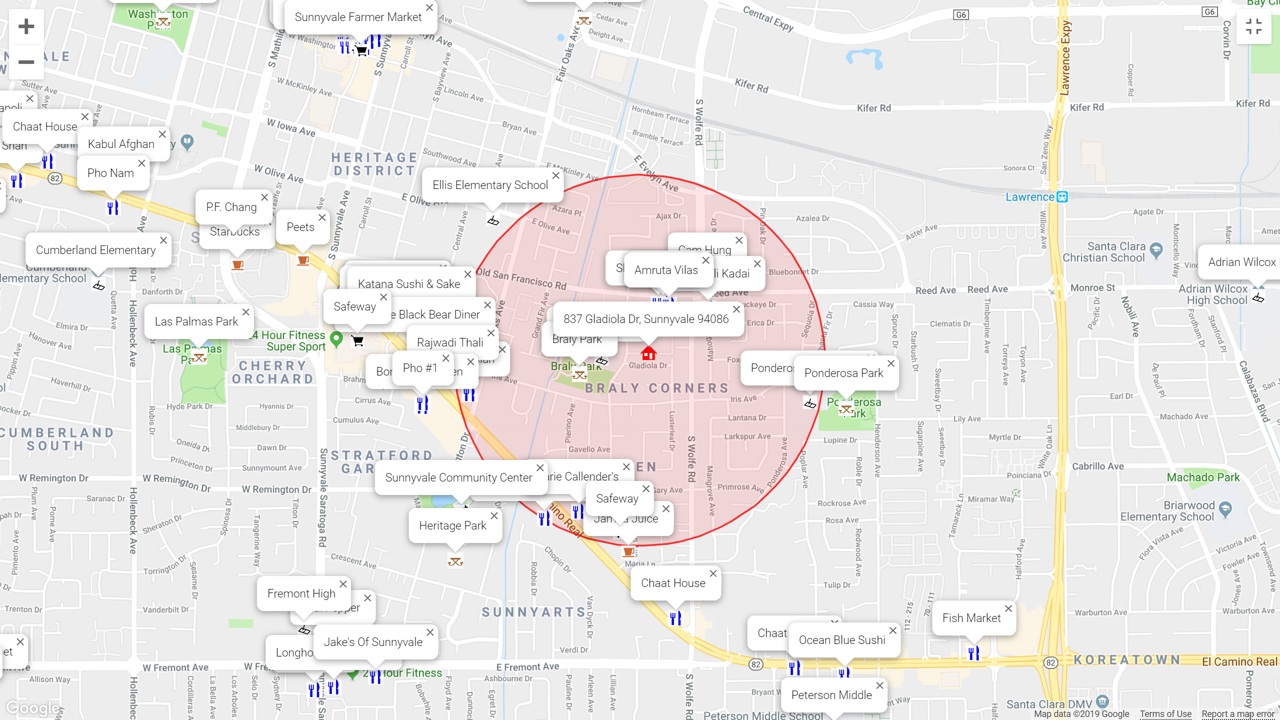 Map of attractions near 837 Gladiola Dr, Sunnyvale 94086