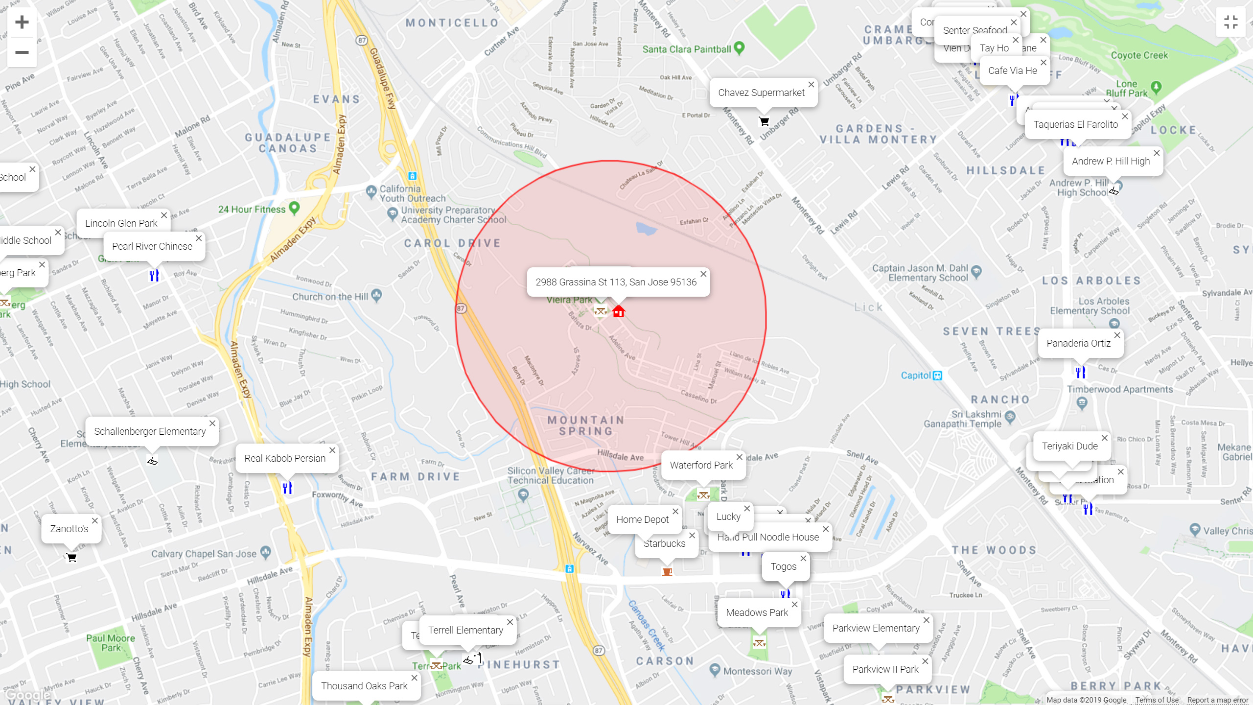 Map of attractions near 2988 Grassina St 113, San Jose 95136