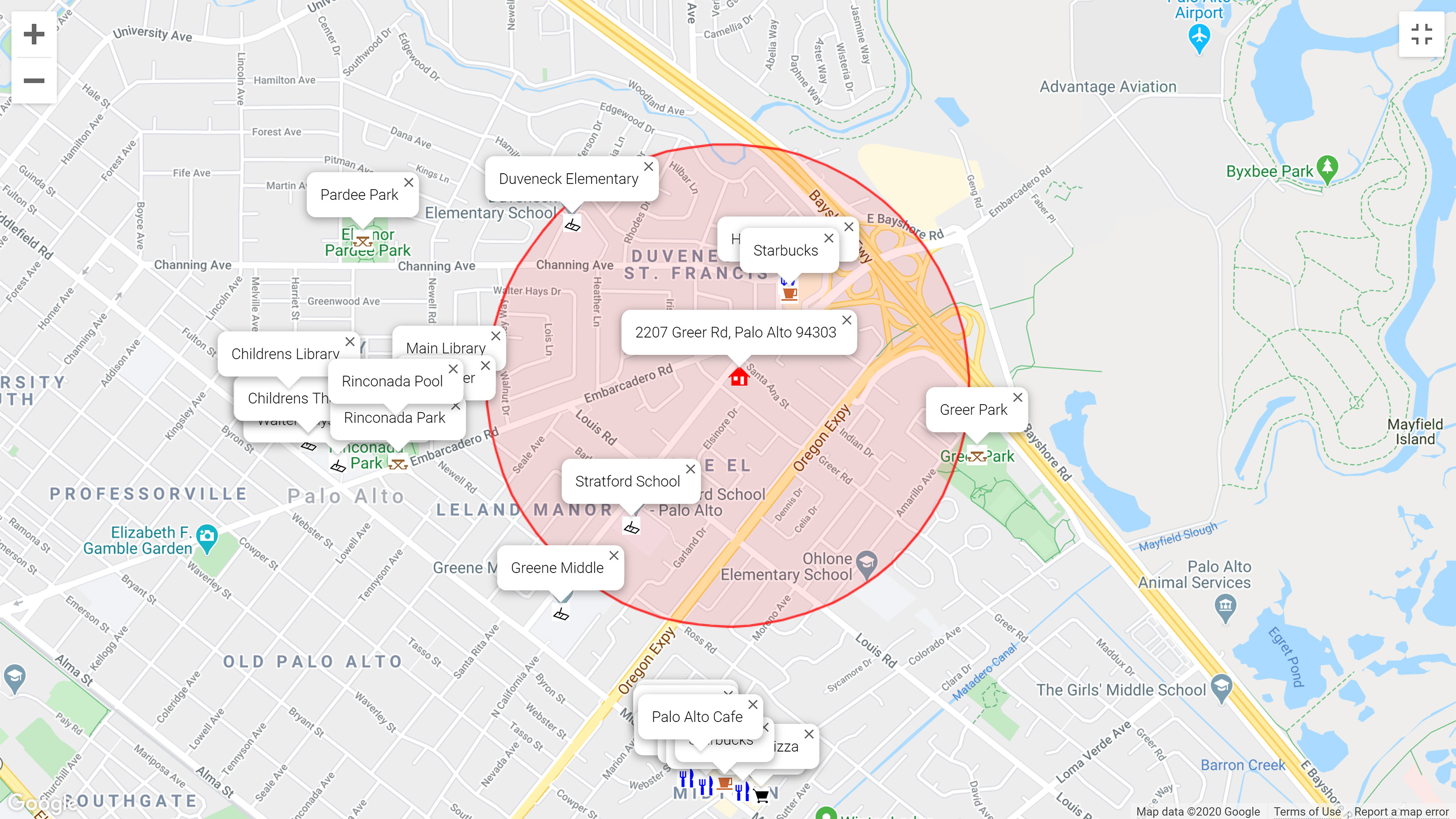 Map of attractions near 2207 Greer Rd, Palo Alto 94303