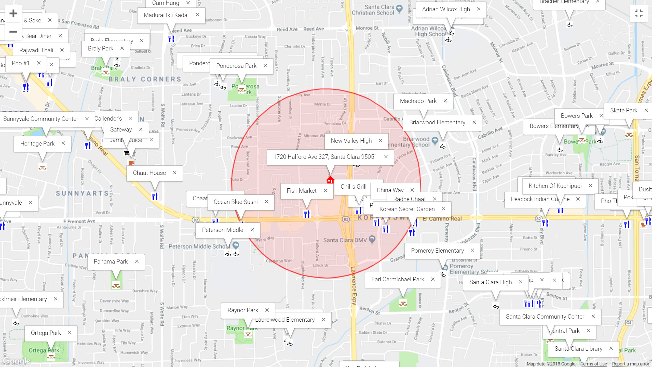 Map of attractions near 1720 Halford Ave 327, Santa Clara 95051