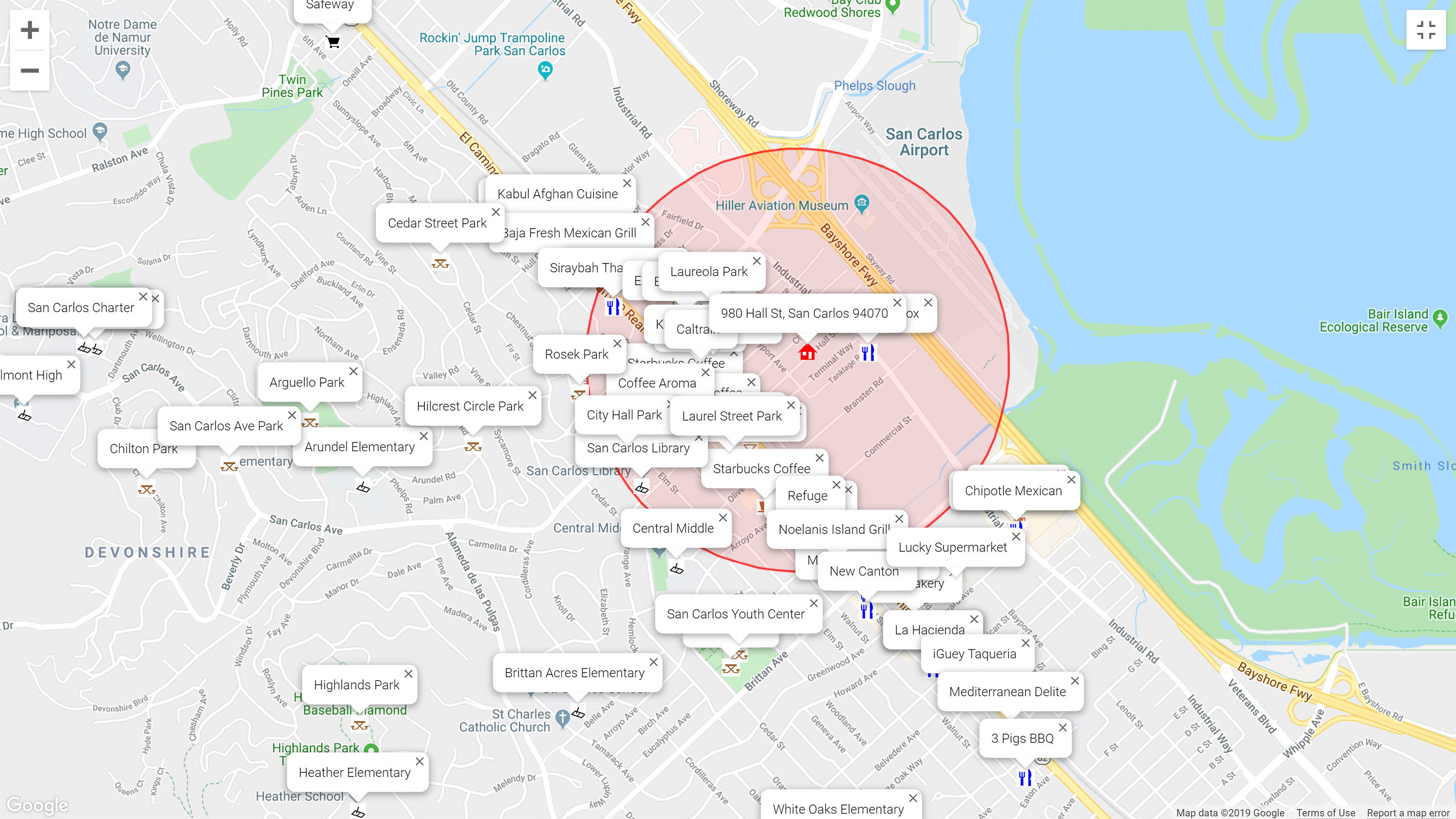 Map of attractions near 980 Hall St, San Carlos 94070