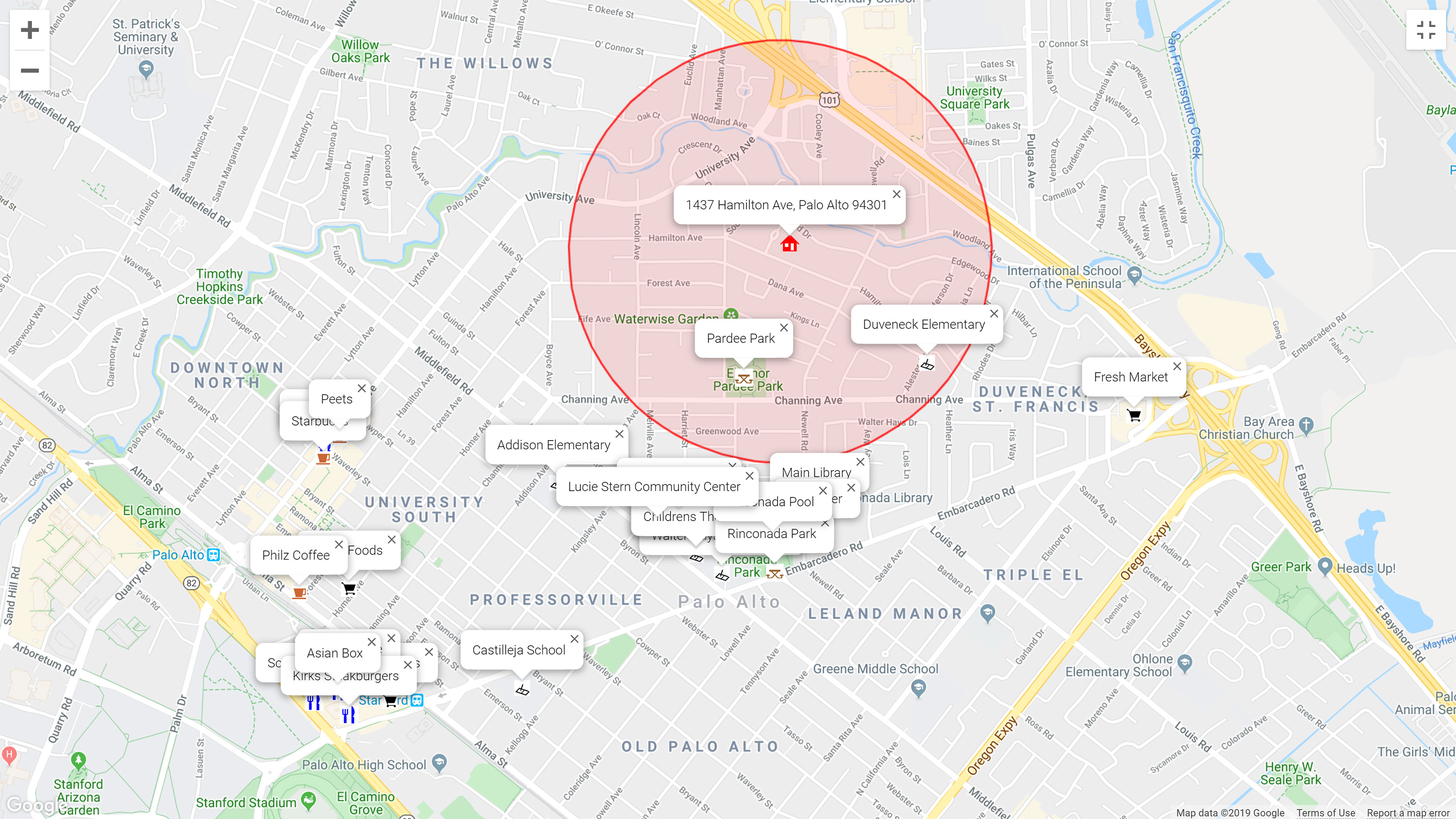 Map of attractions near 1437 Hamilton Ave, Palo Alto 94301