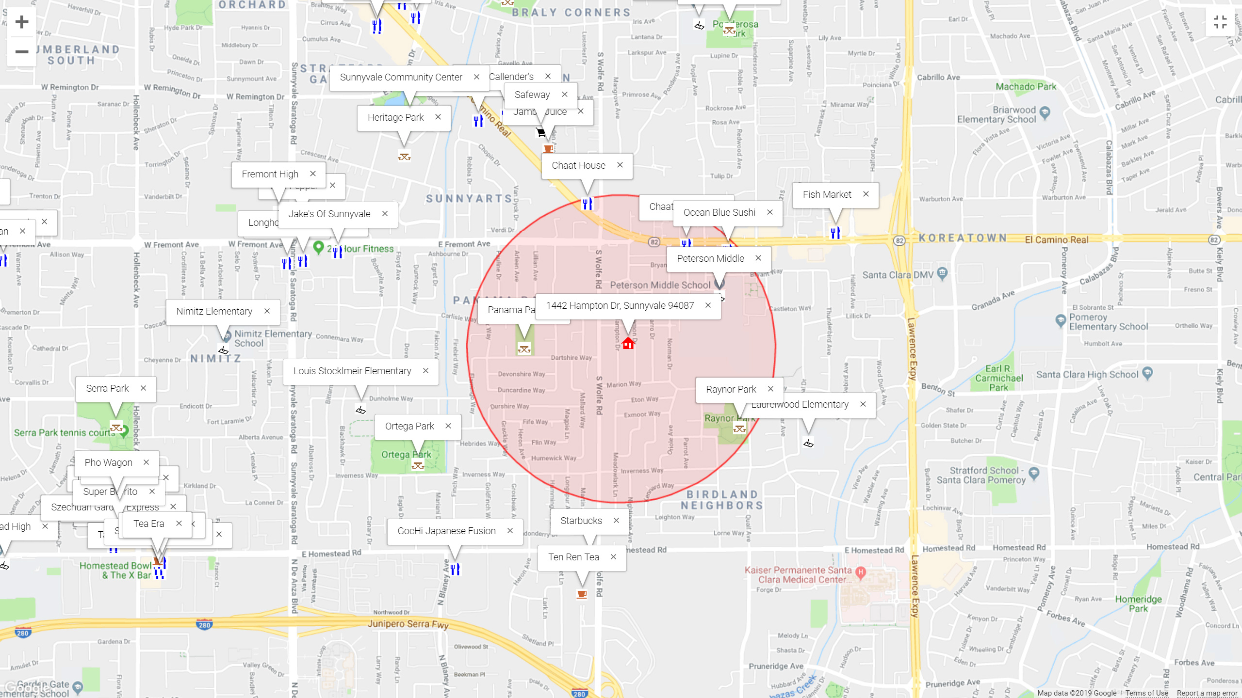Map of attractions near 1442 Hampton Dr, Sunnyvale 94087