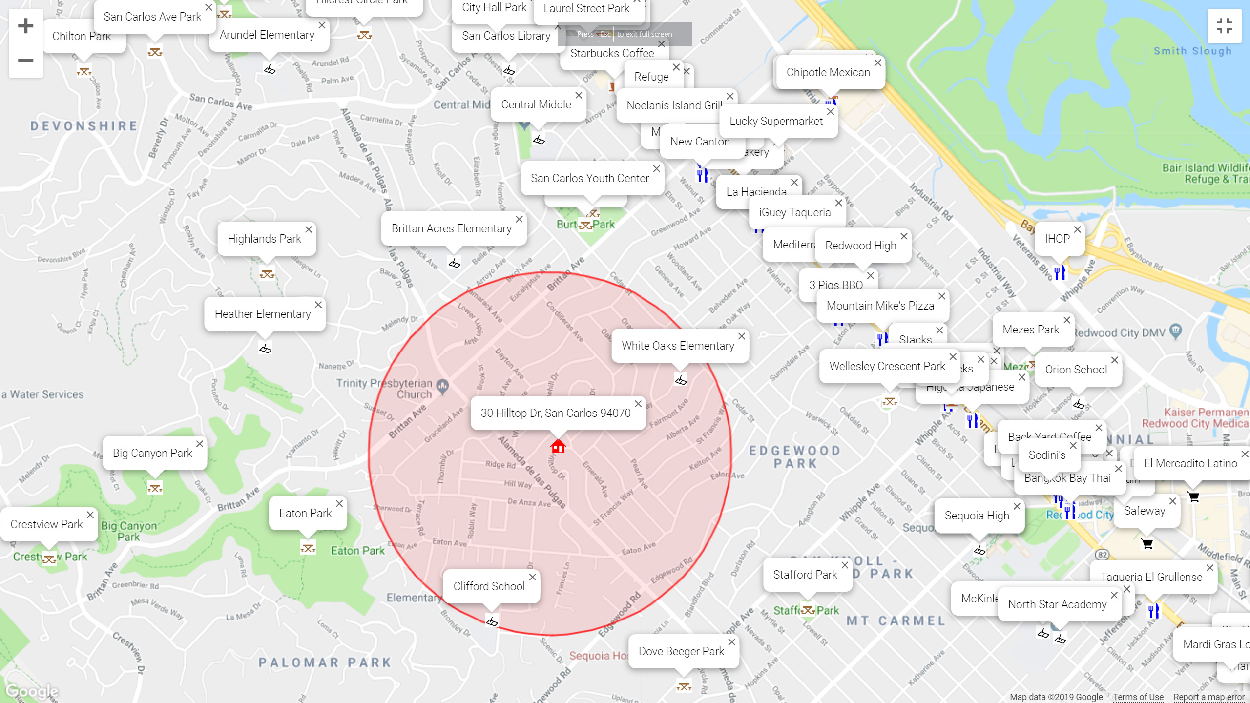 Map of attractions near 30 Hilltop Dr, San Carlos 94070