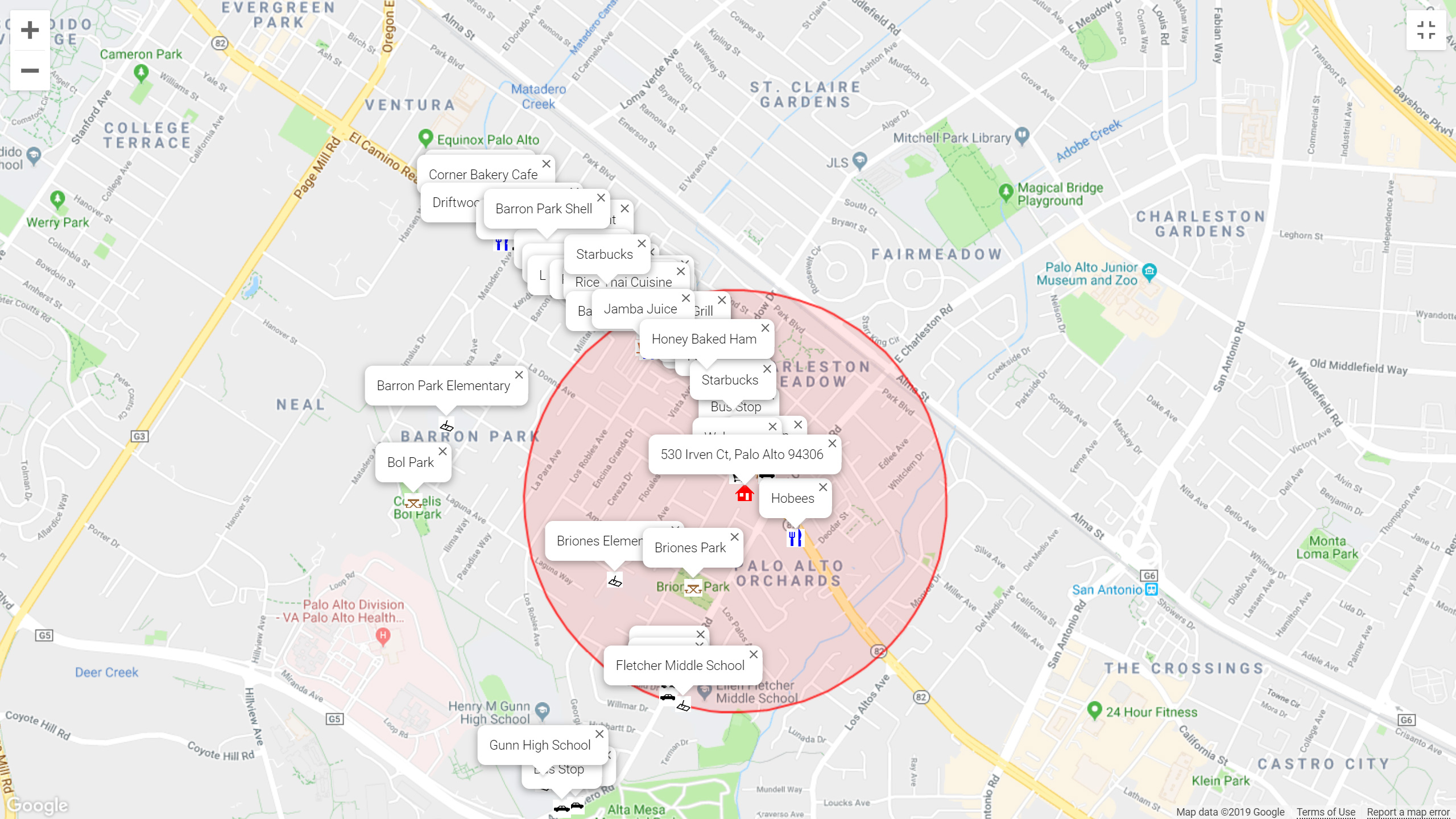 Map of attractions near 530 Irven Ct, Palo Alto 94306